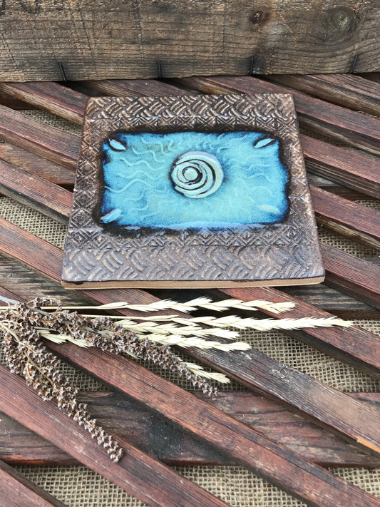 Rustic Moon Trivet in Night Sky Blue and Brown ~ 5.5” Square