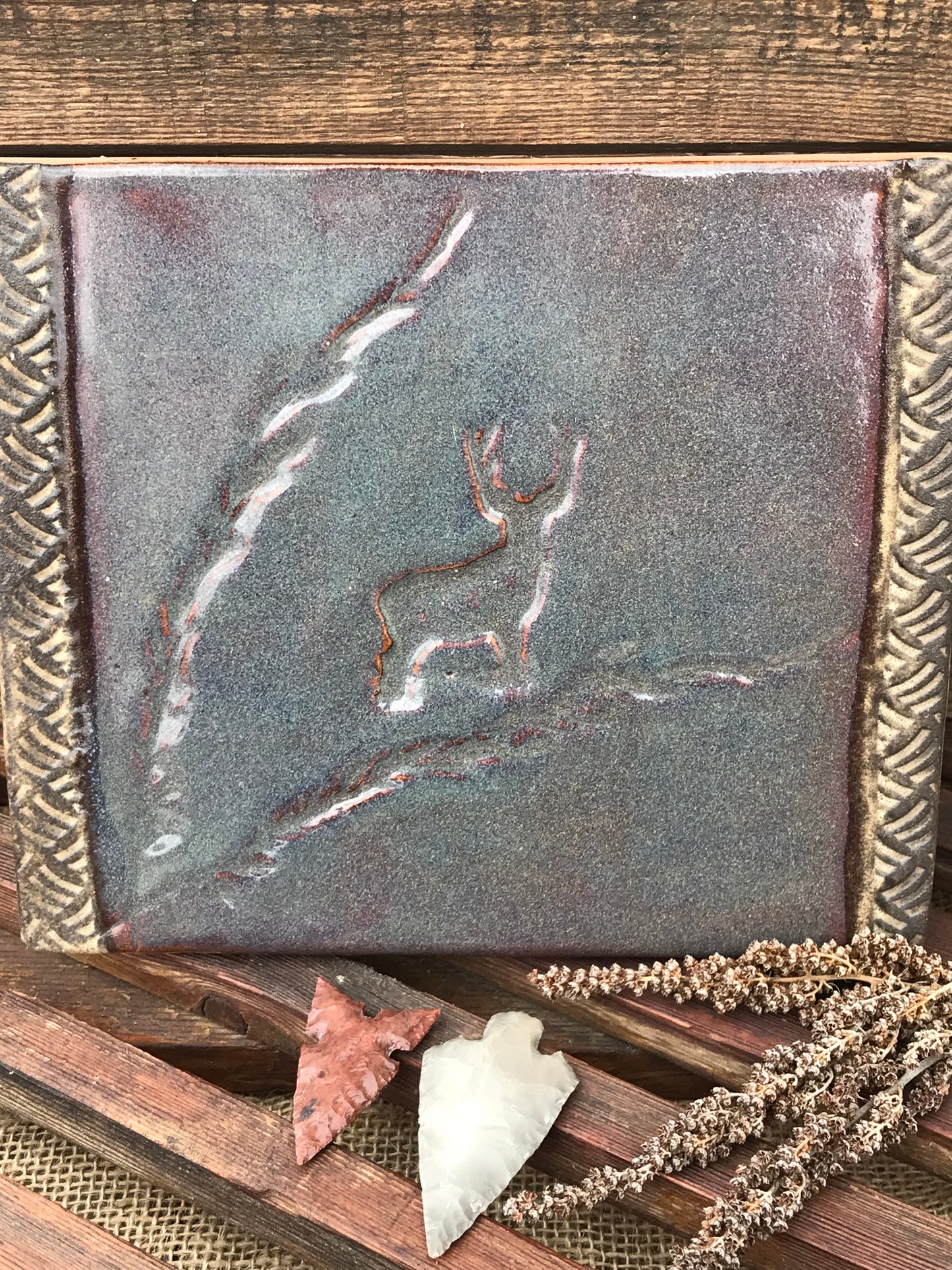 Rustic Wild Buck & Grasses Trivet in Night Sky Blue and Brown ~ 7.5” x 6.25”