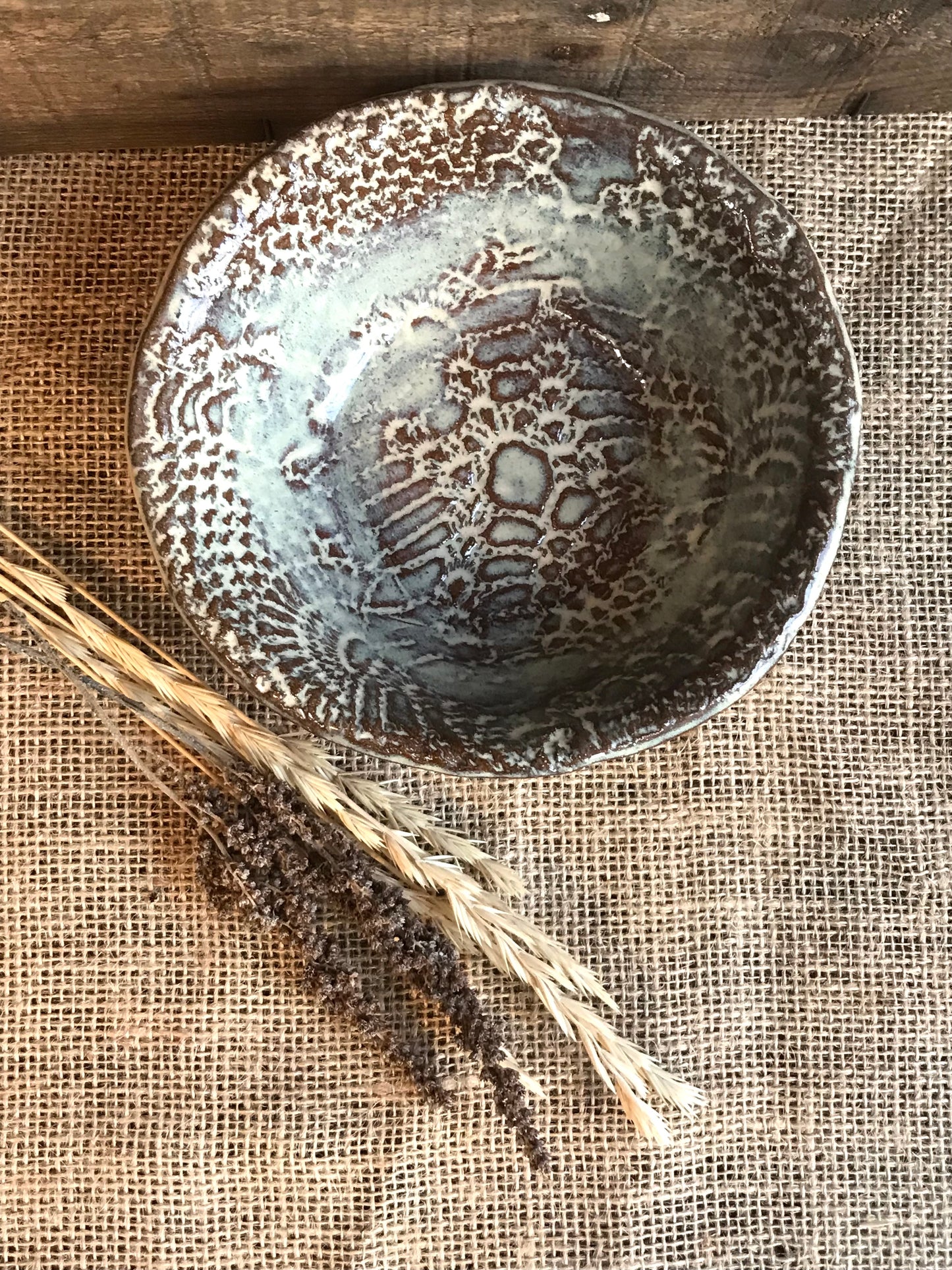 Rustic Antique Doily Bowl ~ Birch Brown Glaze