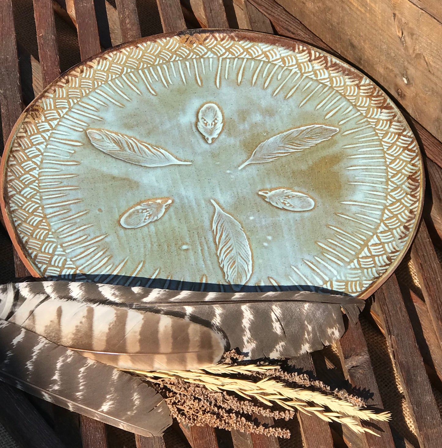 Rustic Wild Feathers Serving Platter ~ 13” Round ~ Turquoise & Brown ~ Appetizers & Cheese