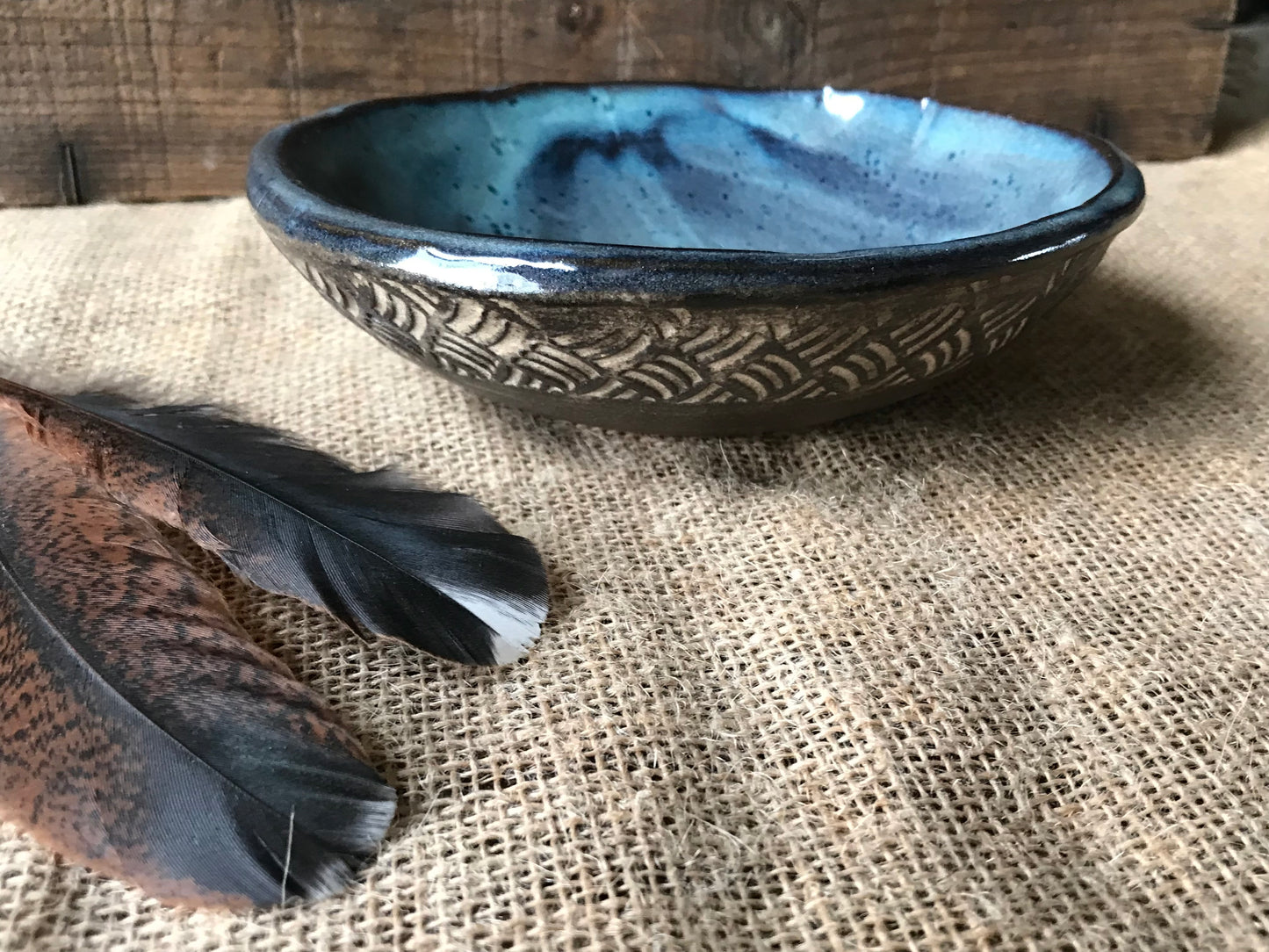 Rustic Basketweave Bowl ~ Night Sky Blue & Brown Glaze