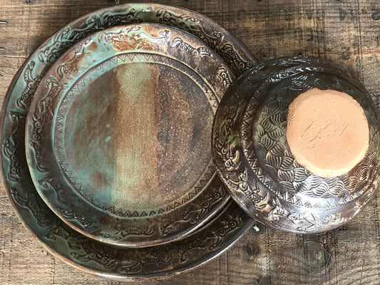 Rustic Wild Mustang Dinnerware Set ~ Dinner & Salad Plate & Bowl ~ Green & Brown Glaze