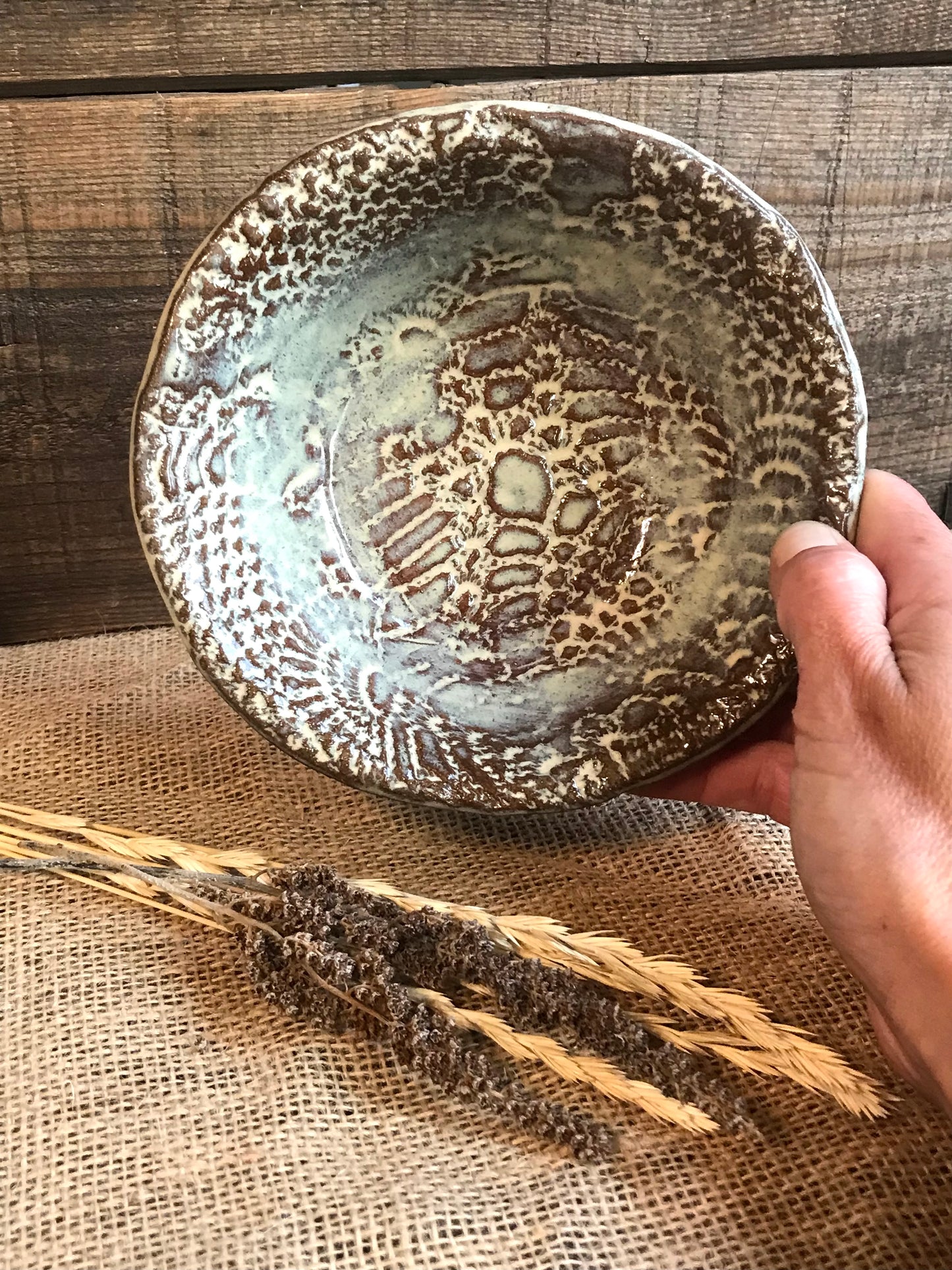 Rustic Antique Doily Bowl ~ Birch Brown Glaze