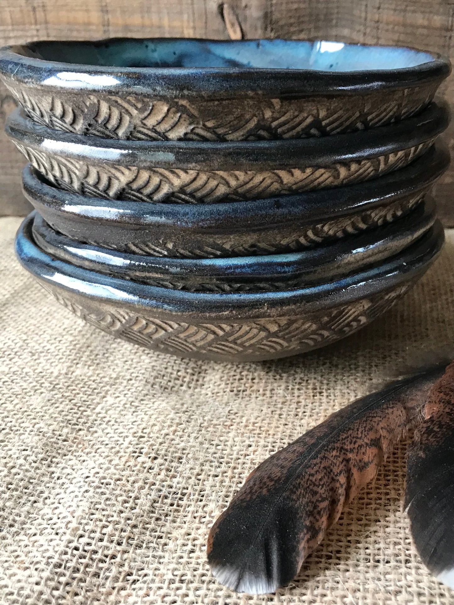 Rustic Basketweave Bowl ~ Night Sky Blue & Brown Glaze