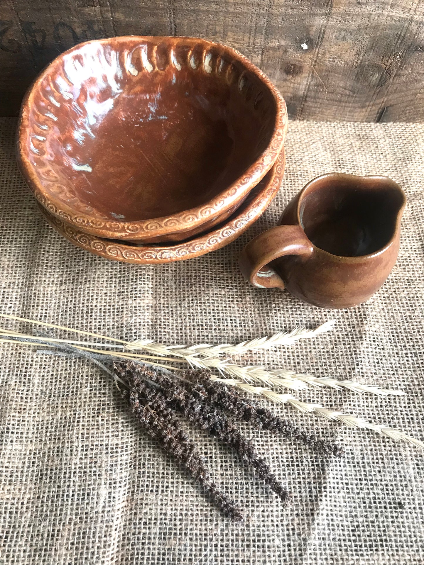 Rustic Handpinched Bowls & Mini Pouring Pitcher ~ Burnt Orange Glaze