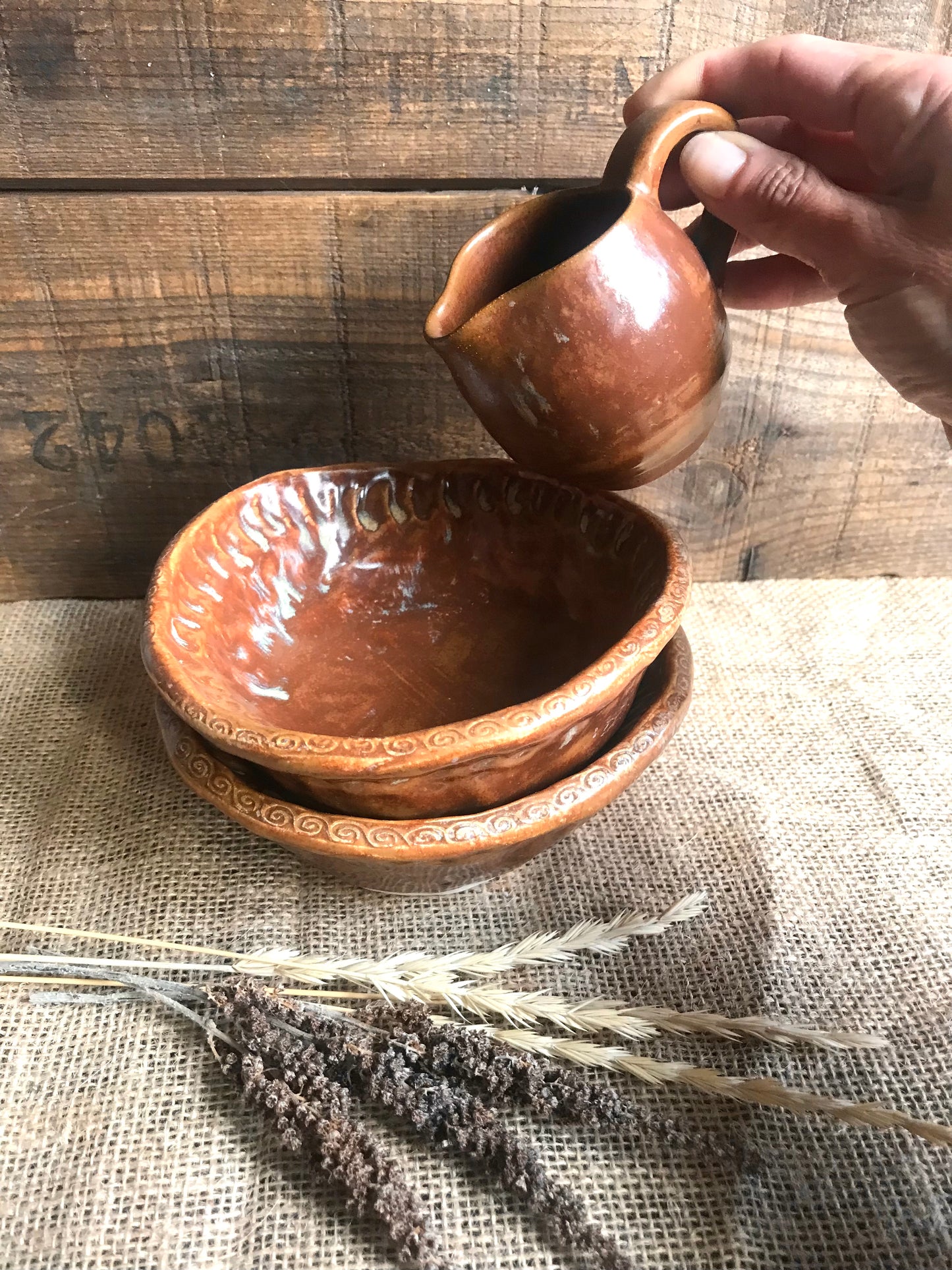 Rustic Handpinched Bowls & Mini Pouring Pitcher ~ Burnt Orange Glaze