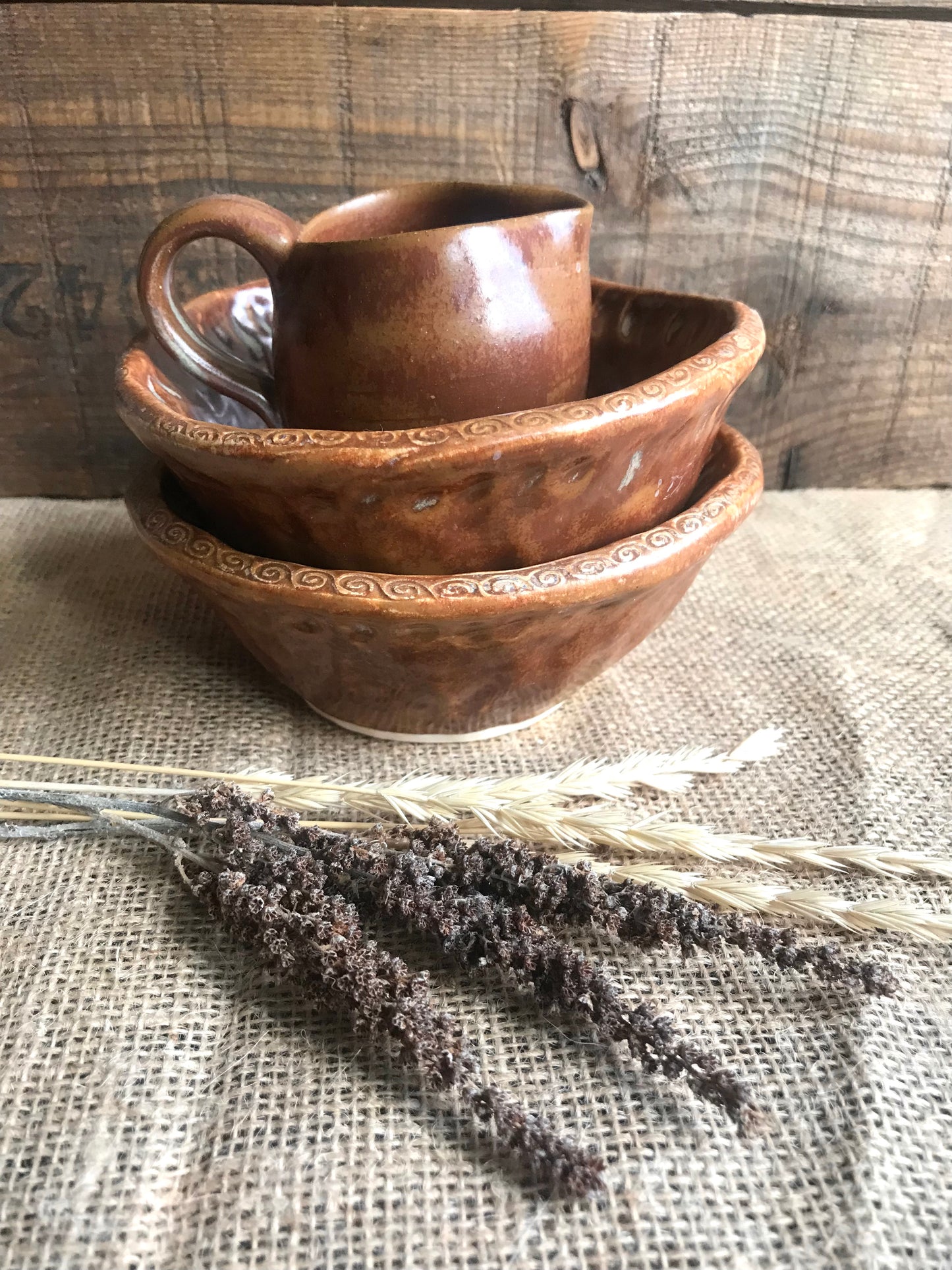 Rustic Handpinched Bowls & Mini Pouring Pitcher ~ Burnt Orange Glaze