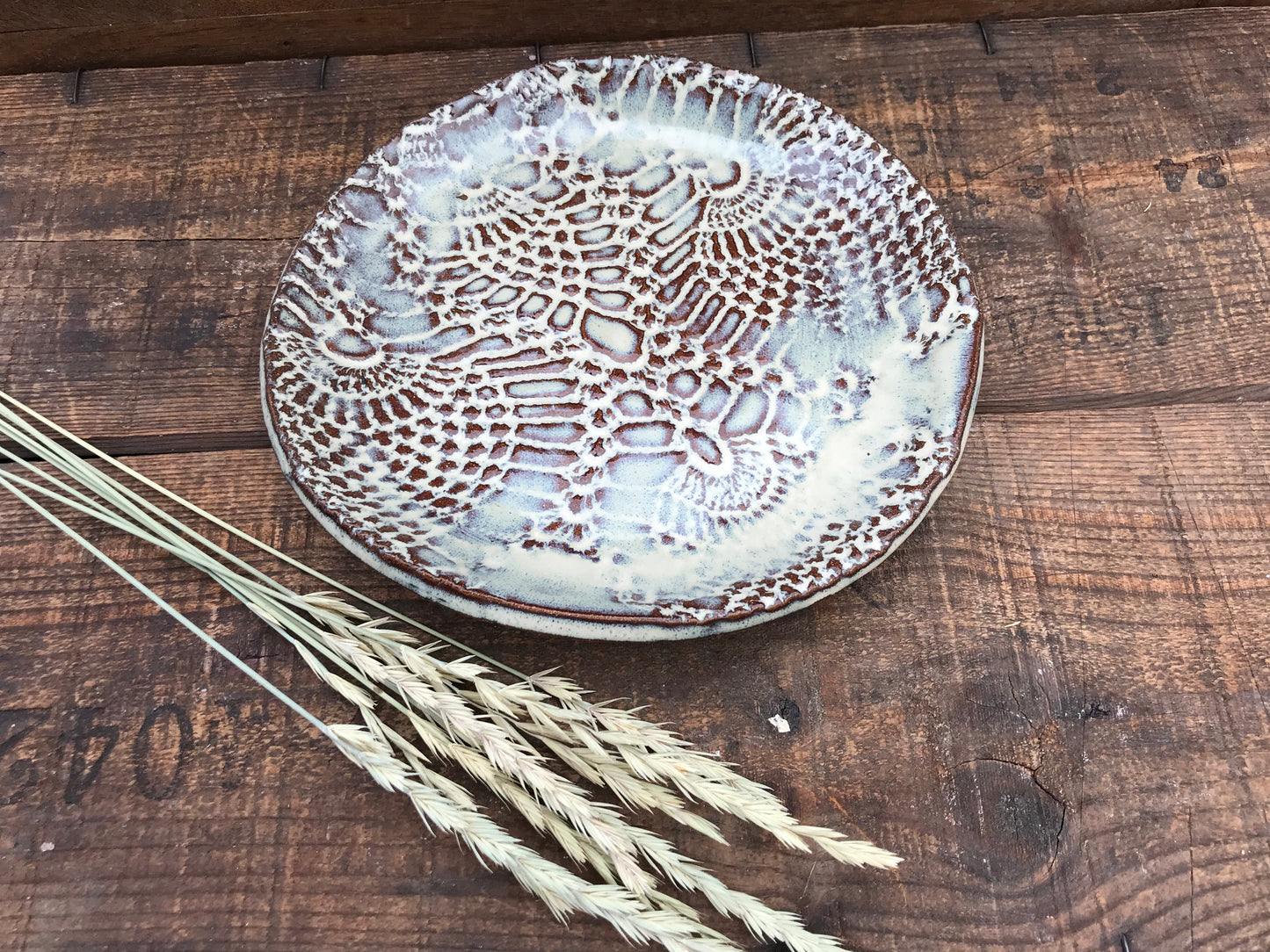 Rustic Antique Doily Salad Plate ~ 7” ~ Birch Brown Glaze