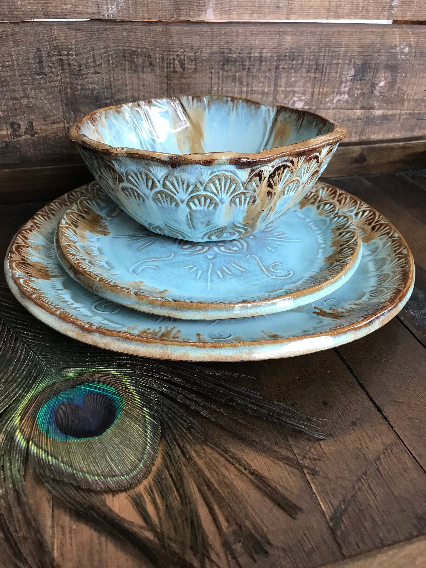 Rustic Native Mandala Dinnerware Set with Big Bowl ~ Turquoise & Original Brown Glaze