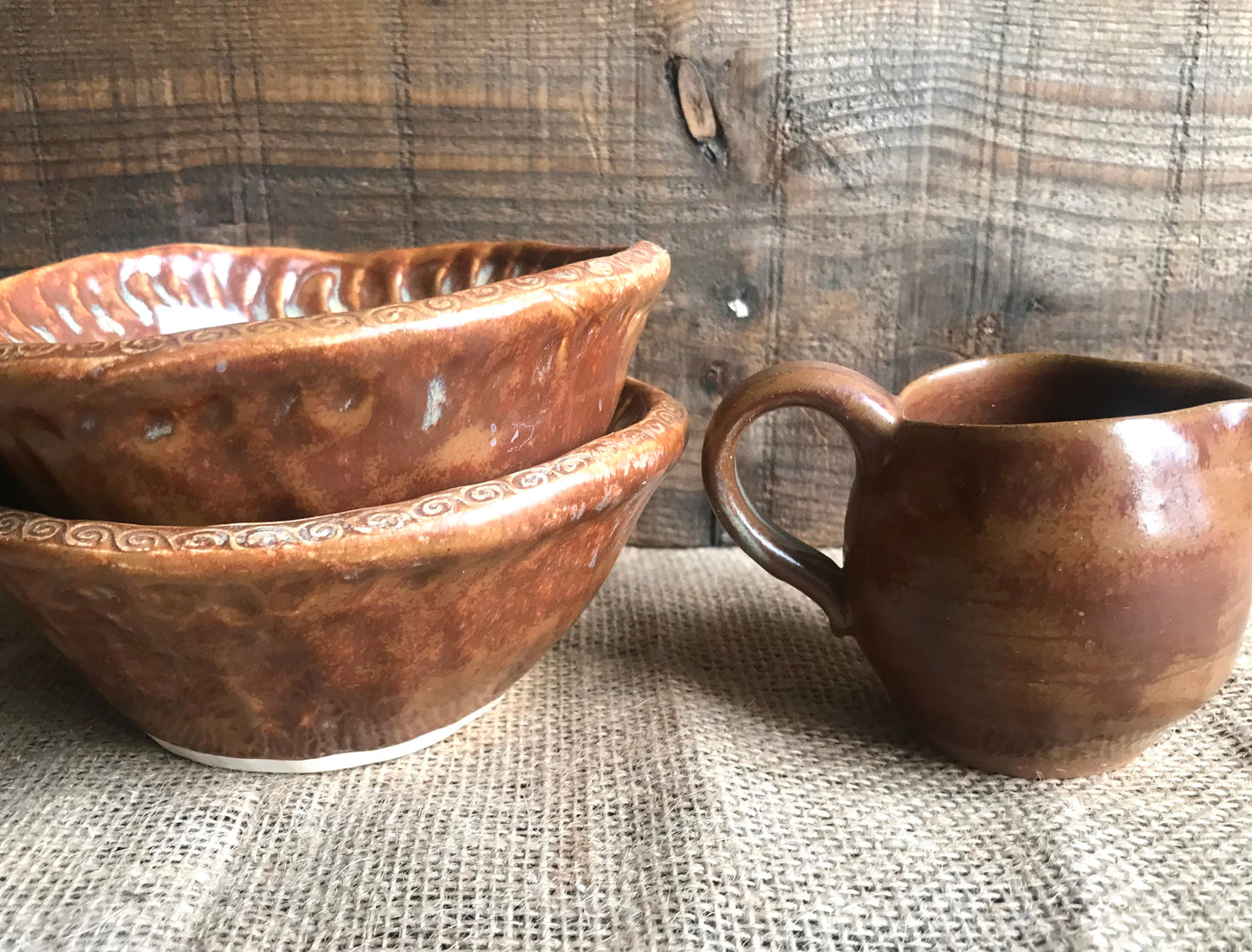 Rustic Handpinched Bowls & Mini Pouring Pitcher ~ Burnt Orange Glaze