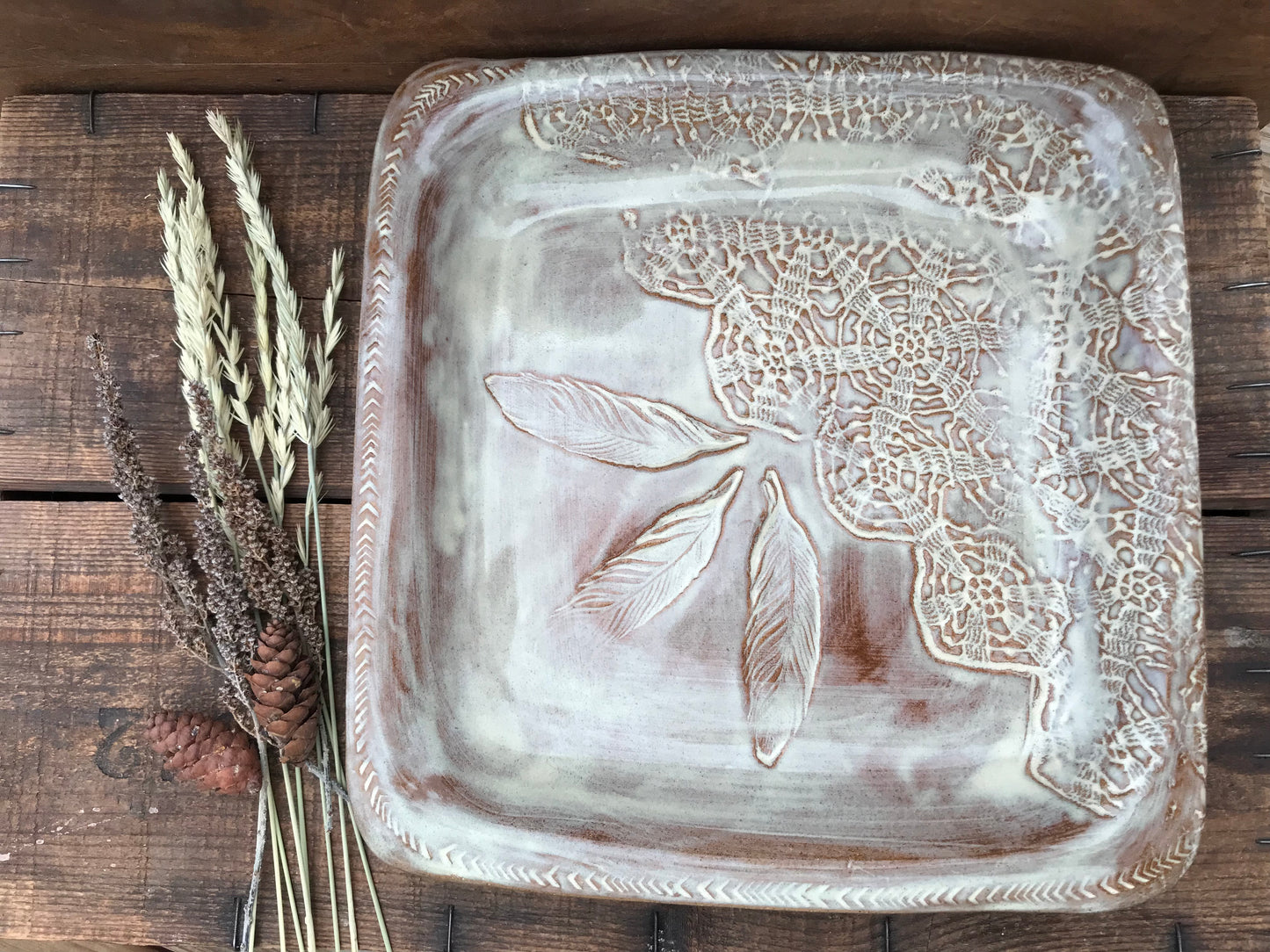 Rustic Square Wild Feathers & Doily Baking Tray/ Serving Tray ~ 10” Square  ~ 1.25” Depth~ Birch & Brown