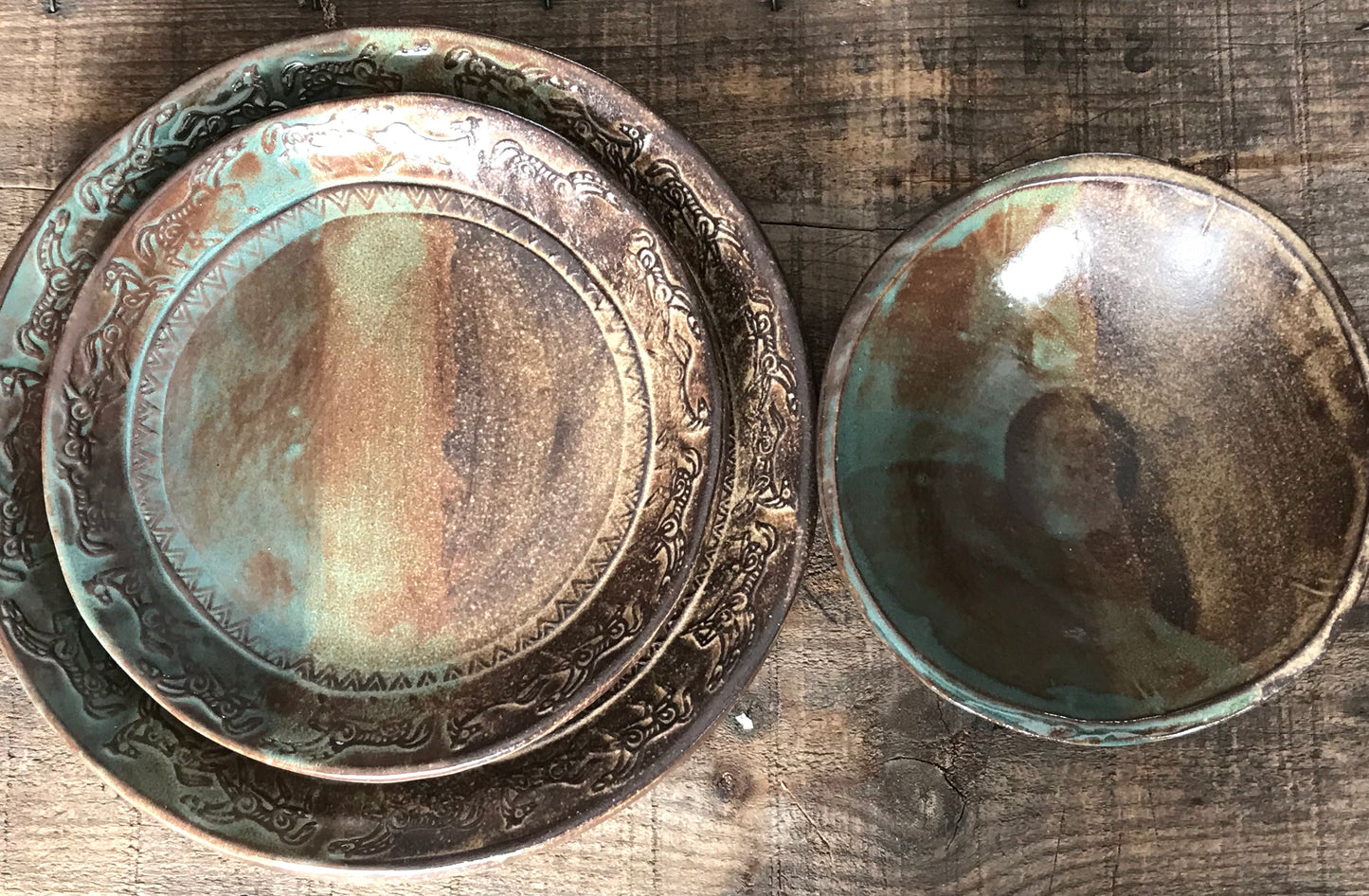 Rustic Wild Mustang Dinnerware Set ~ Dinner & Salad Plate & Bowl ~ Green & Brown Glaze