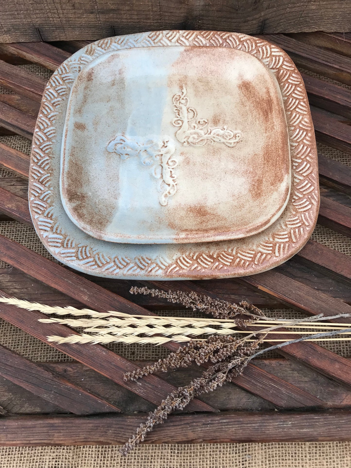 Rustic Floral & Basketweave Square Dinner Plate & Salad Plate ~ 9” ~  Blue & Brown Glaze