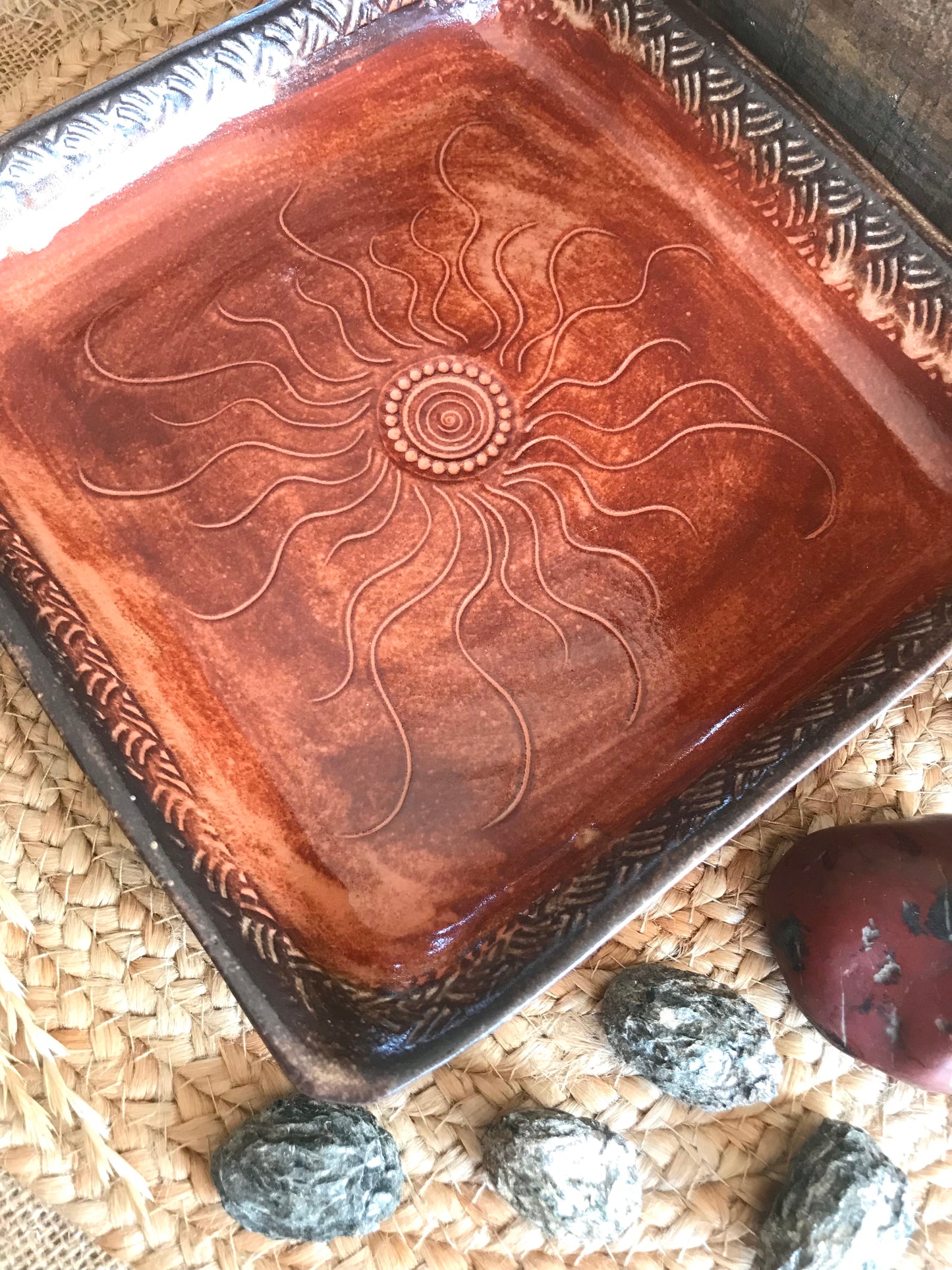 Rustic Square Sun & Basketweave Meat Tray/ Serving Tray ~ 9.5” Square  ~ 1.25” Depth~ Sedona Red & Brown