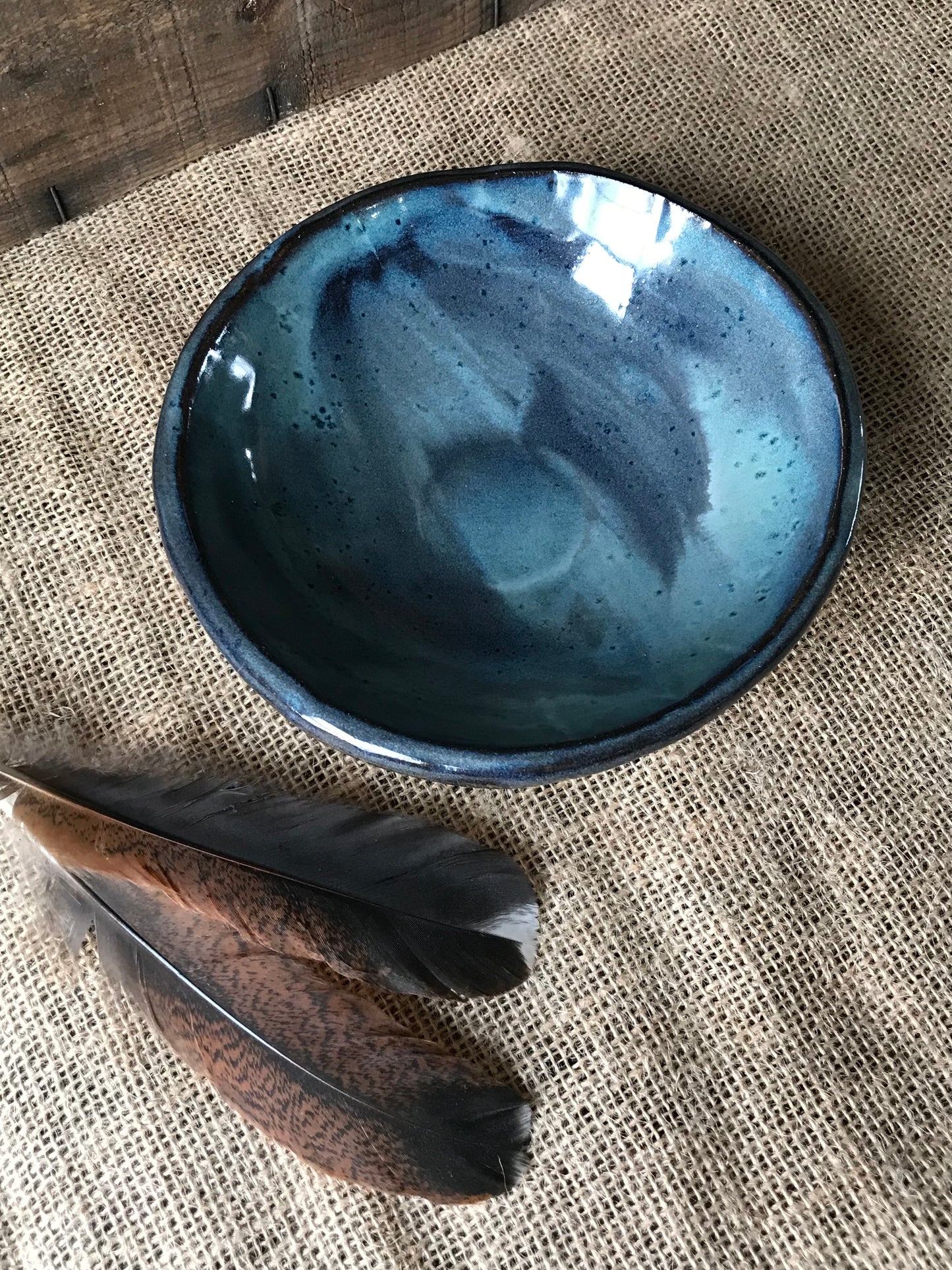 Rustic Basketweave Bowl ~ Night Sky Blue & Brown Glaze