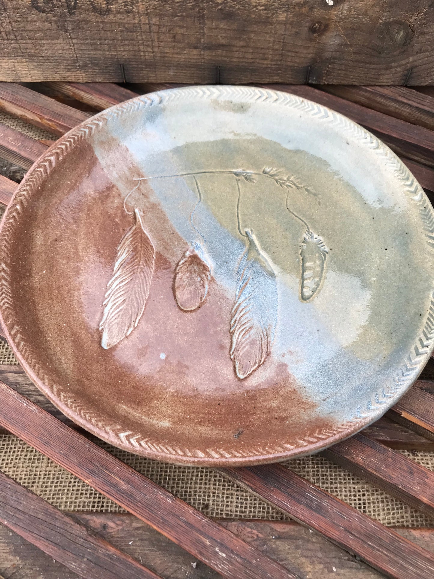 Rustic Wild Feathers & Grass Dinner Plate & Salad Plate ~ 10”  ~ Blue Green Brown Glaze