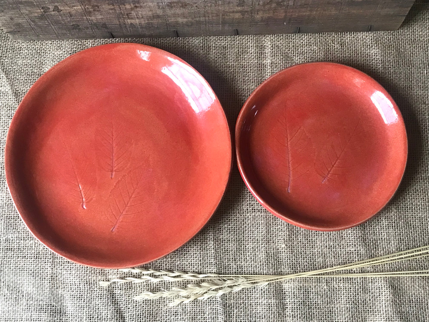 Rustic Birch Leaf Dinner Plate & Salad Plate ~ 10”  ~ Autumn Orange Glaze