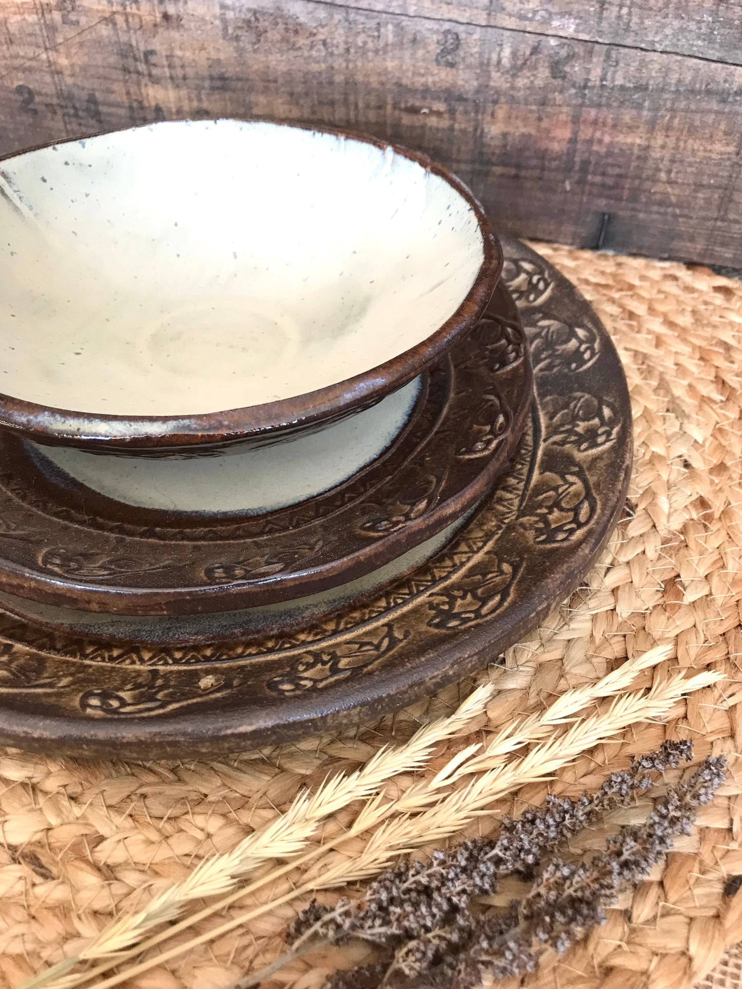 Rustic Wild Buffalo Dinnerware Set Dinner & Salad Plate & Bowl ~ Birch & Brown Glaze