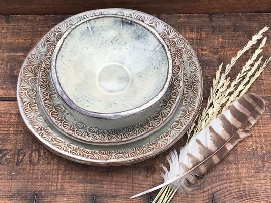 Rustic Native Mandala Dinnerware Set ~ Birch & Brown Glaze