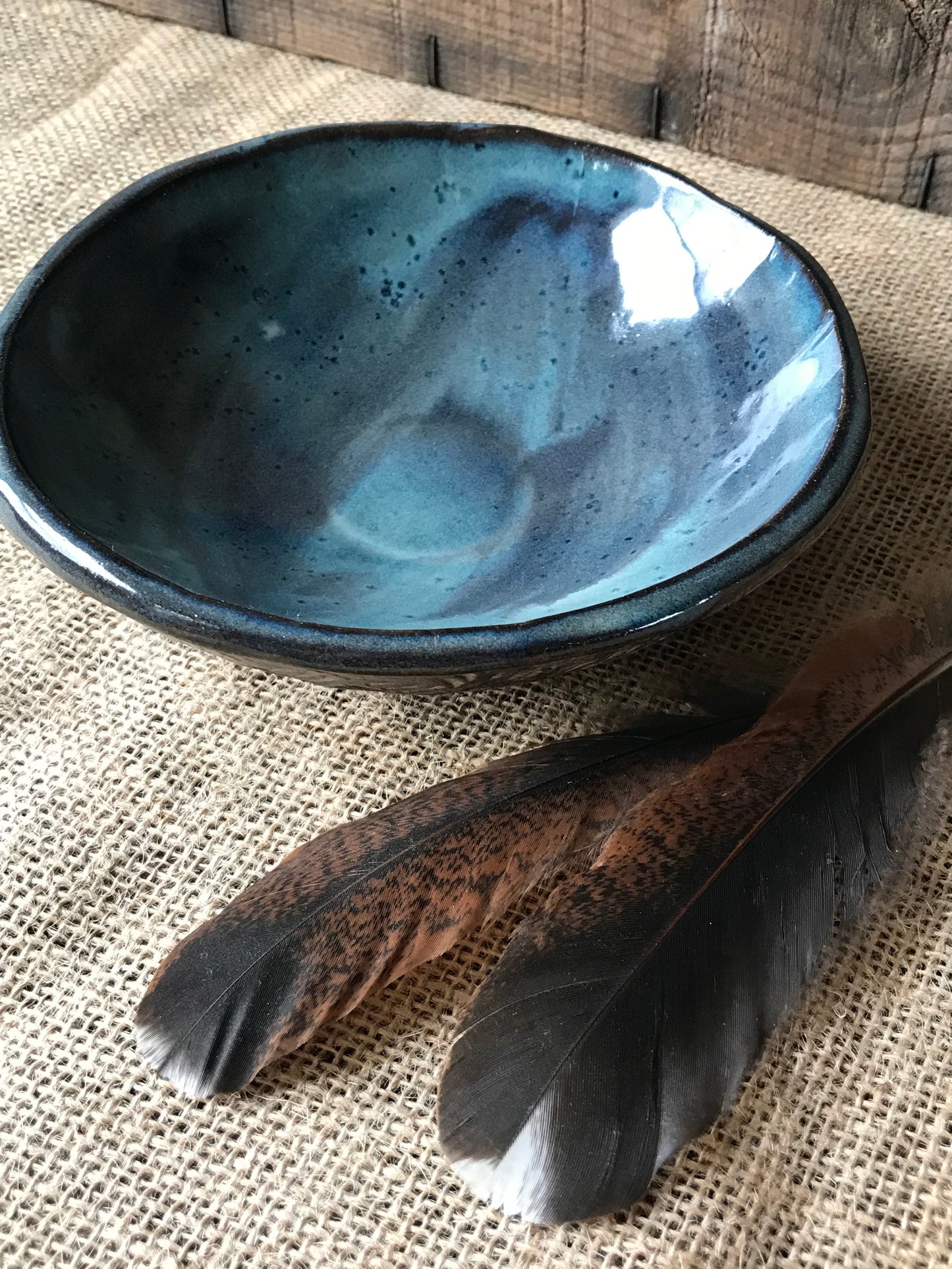 Rustic Basketweave Bowl ~ Night Sky Blue & Brown Glaze