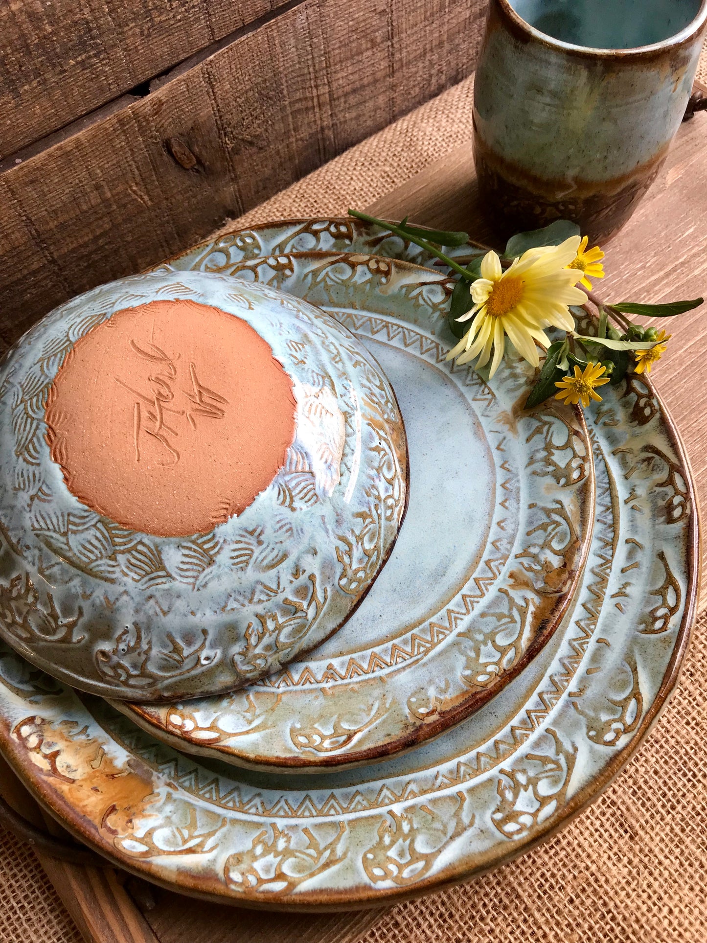 Rustic Wild Buffalo Dinnerware ~ Dinner Plate/Salad Plate/Bowl ~ Turquoise & Original Brown Edging