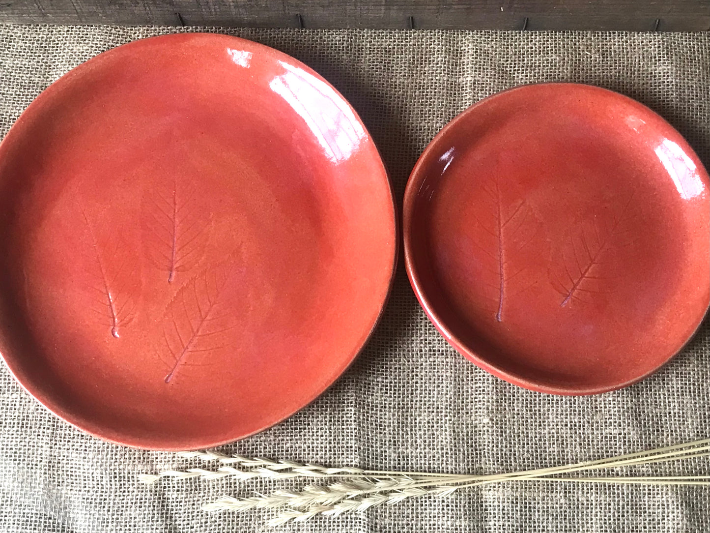 Rustic Birch Leaf Dinner Plate & Salad Plate ~ 10”  ~ Autumn Orange Glaze