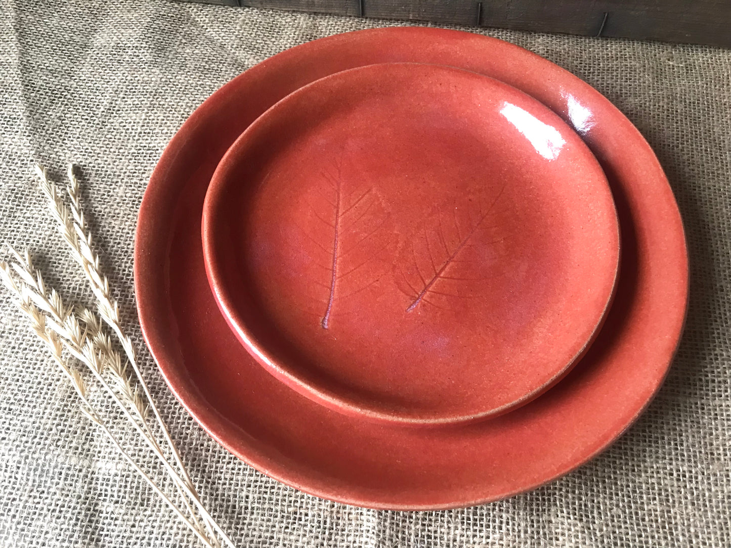 Rustic Birch Leaf Dinner Plate & Salad Plate ~ 10”  ~ Autumn Orange Glaze