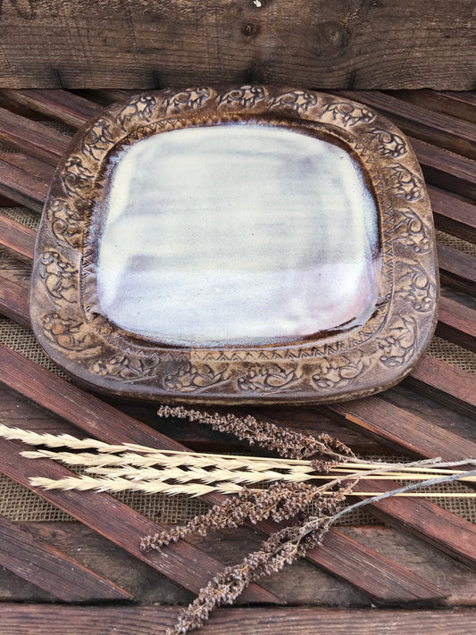 Rustic Wild Buffalo Square Dinner Plate ~ 9” ~ Antique Birch & Brown Glaze