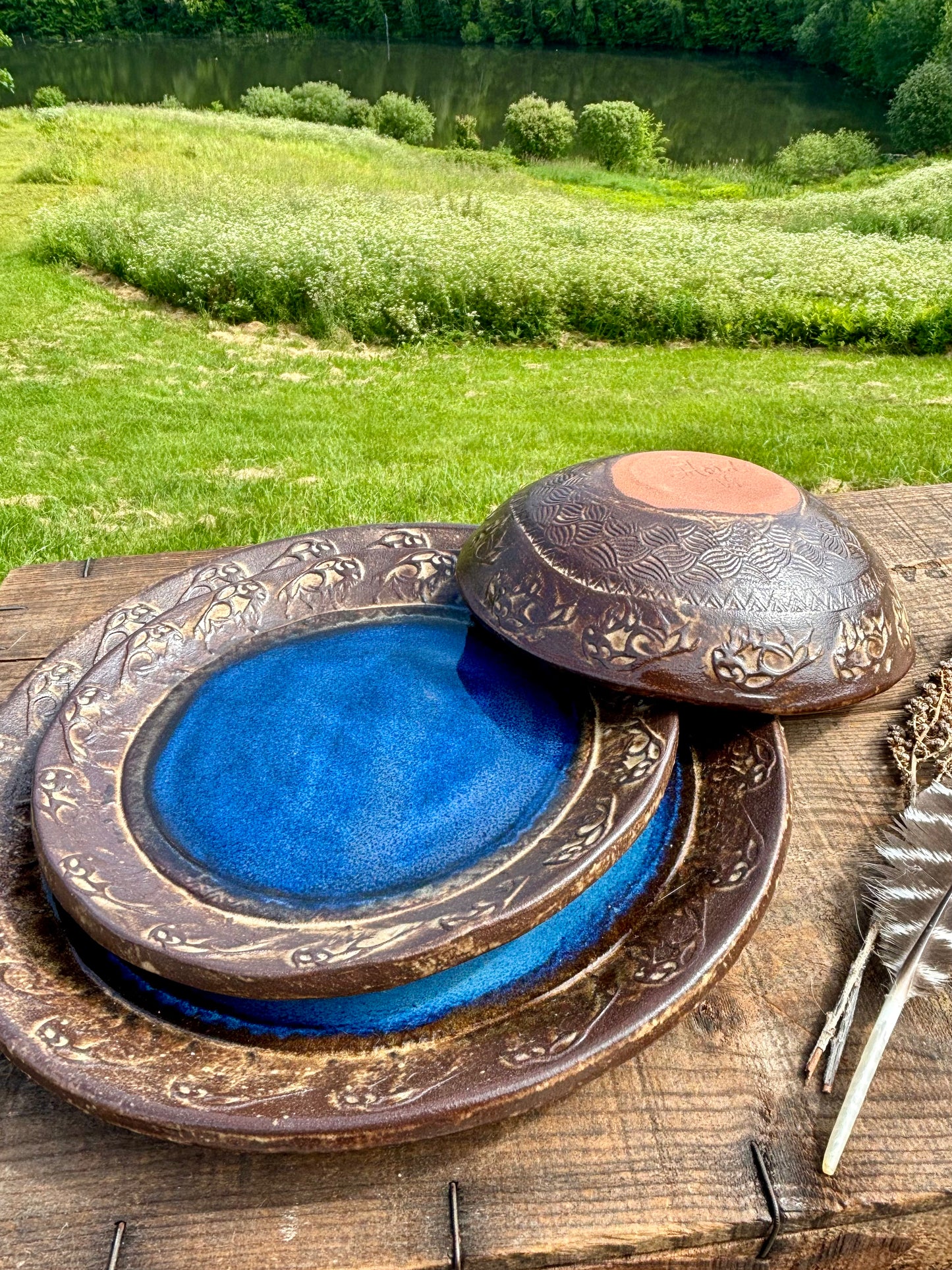 Rustic Wild Buffalo Dinnerware Set ~ Deep Blue & Brown Edging