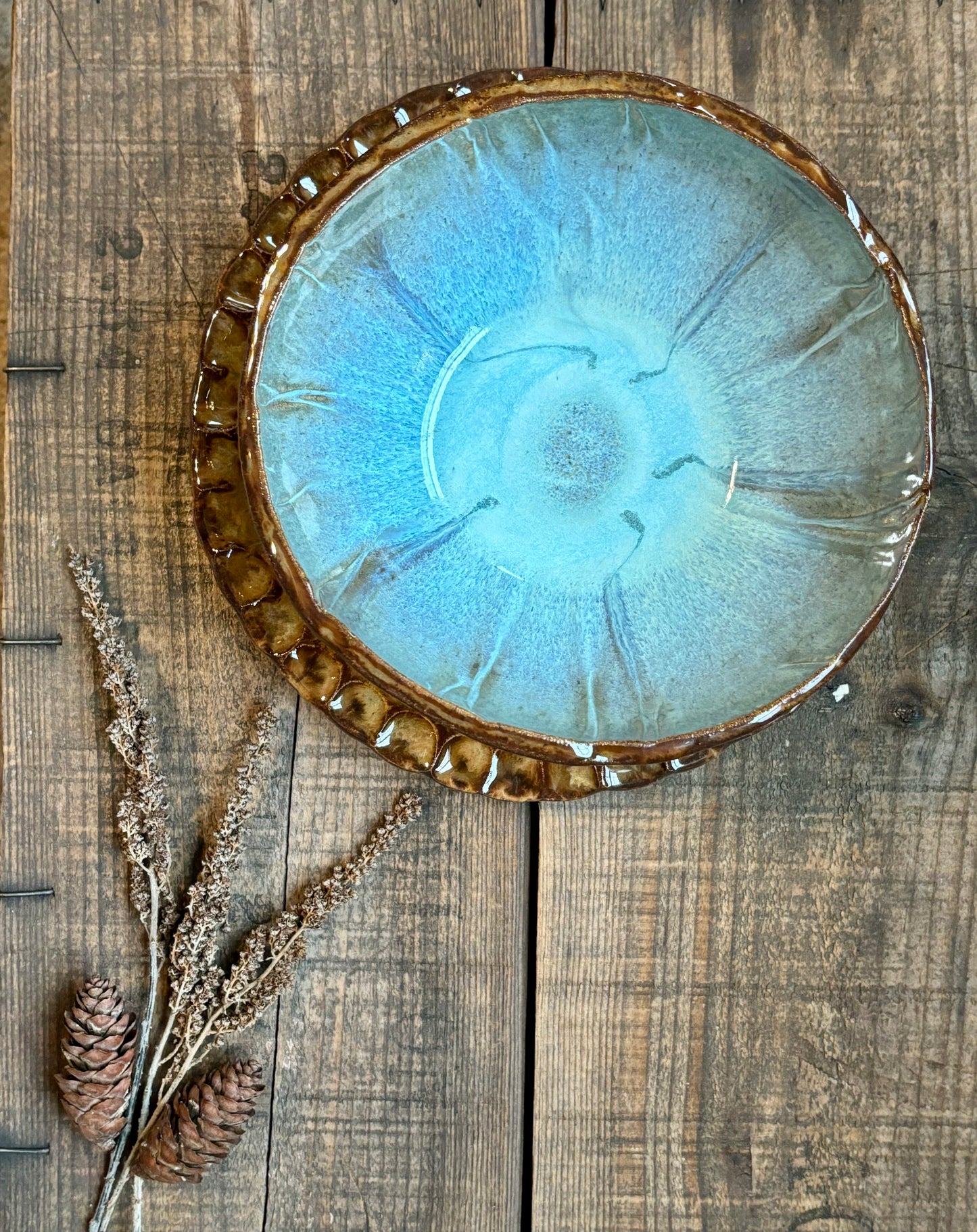 Rustic Wild Grasses Lunch Set ~ Sandwich Plate & Bowl ~ Turquoise & Brown Glaze