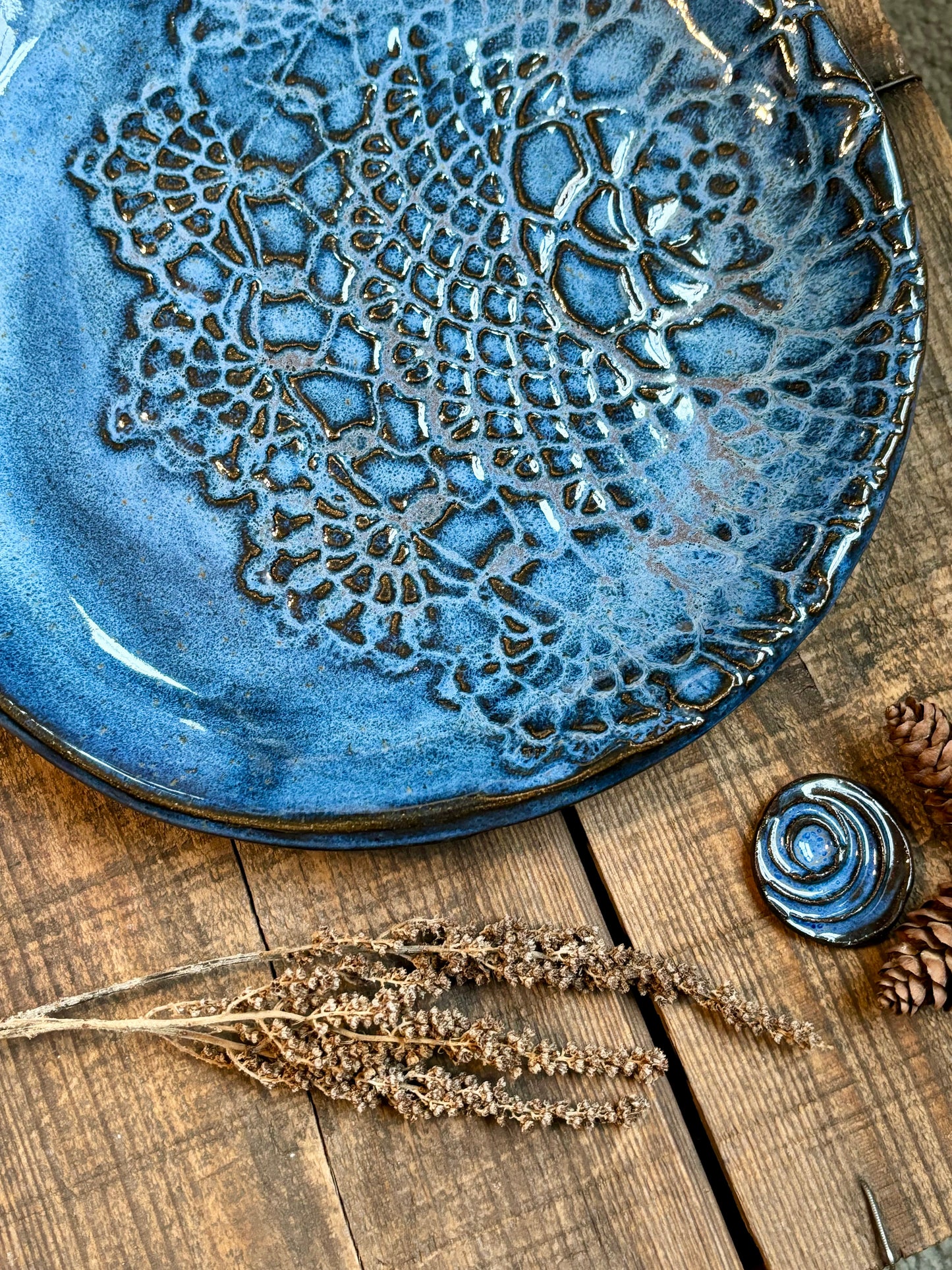 Rustic Antique Doily Dinner Plate ~ 10” ~ River Blue Glaze