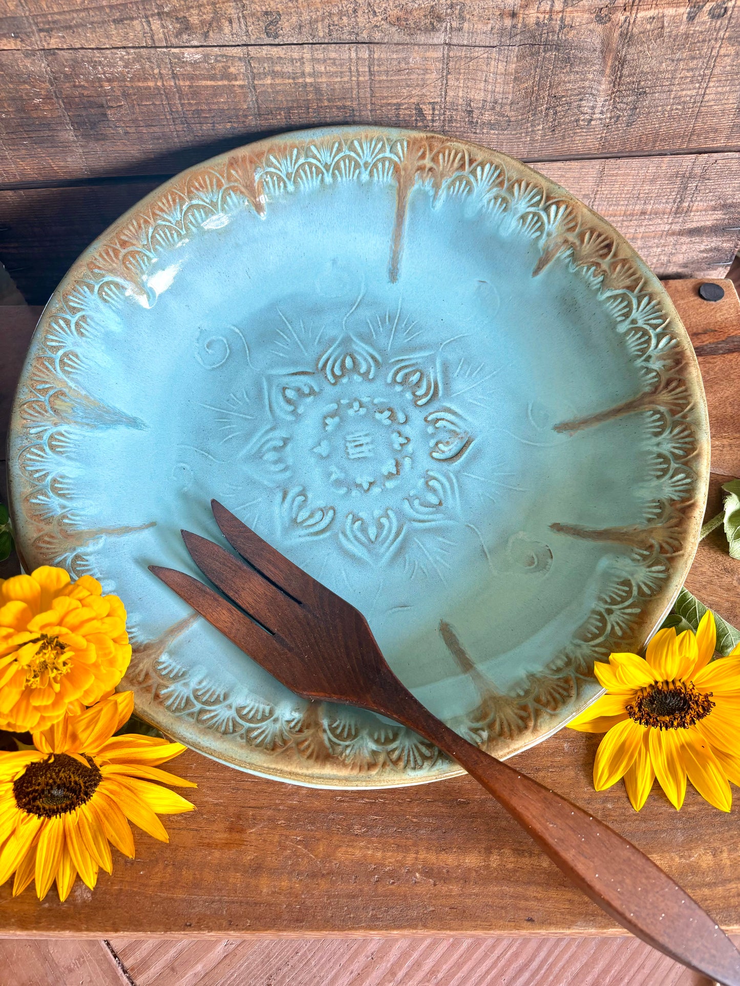 Rustic Native Mandala Serving Bowl ~ 12.5” Diameter ~ 2” Depth~ Turquoise & Brown