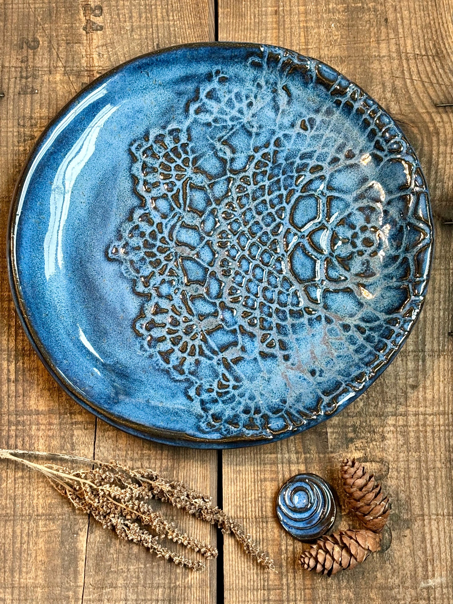 Rustic Antique Doily Dinner Plate ~ 10” ~ River Blue Glaze