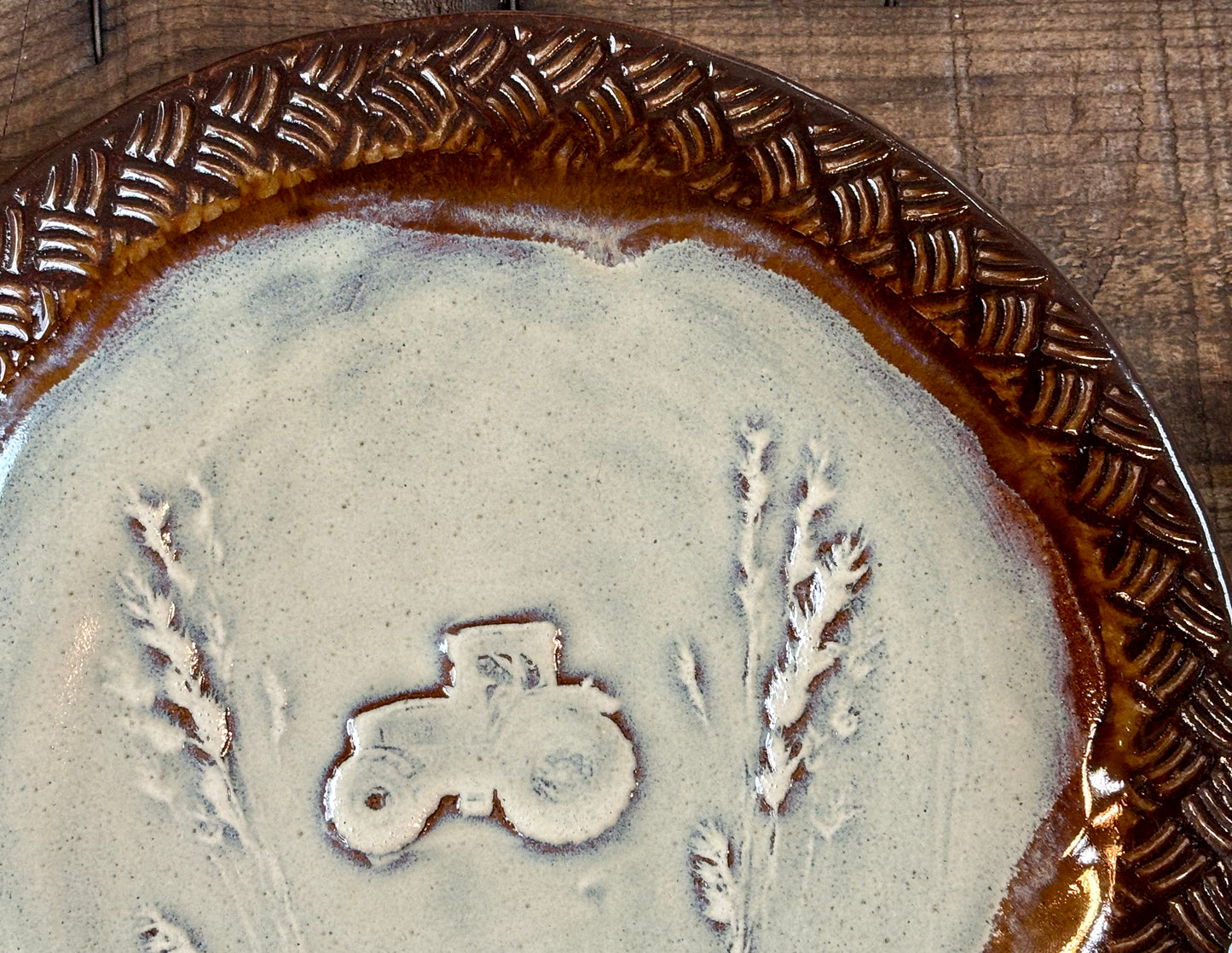 Rustic Wild Grasses & Tractor Dinner Plate ~ 10” ~ Birch & Brown Glaze