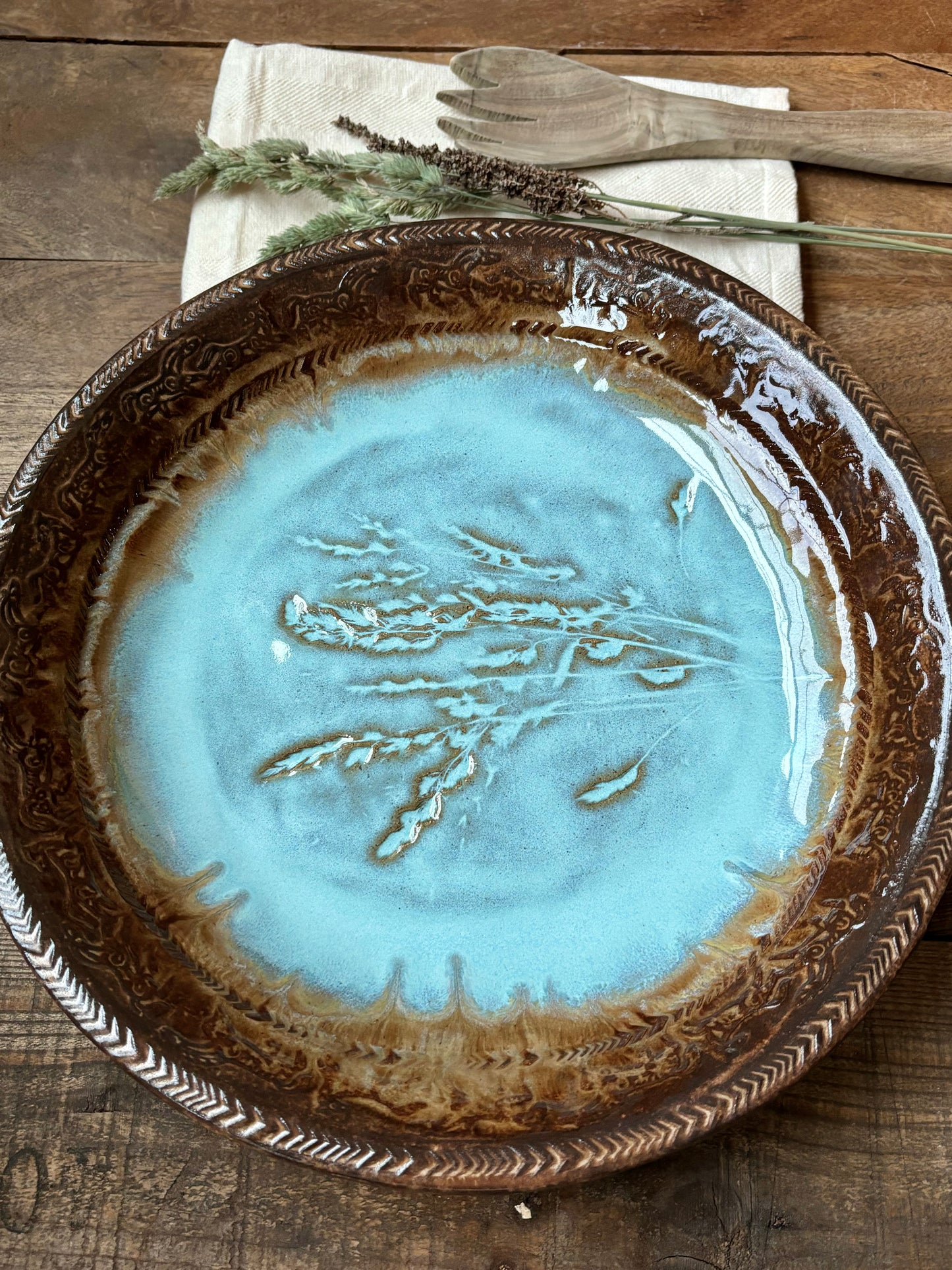 Rustic Wild Mustang & Grasses Serving & Baking Bowl ~ 12.5” Diameter ~ 1.75” Depth~ Turquoise & Brown