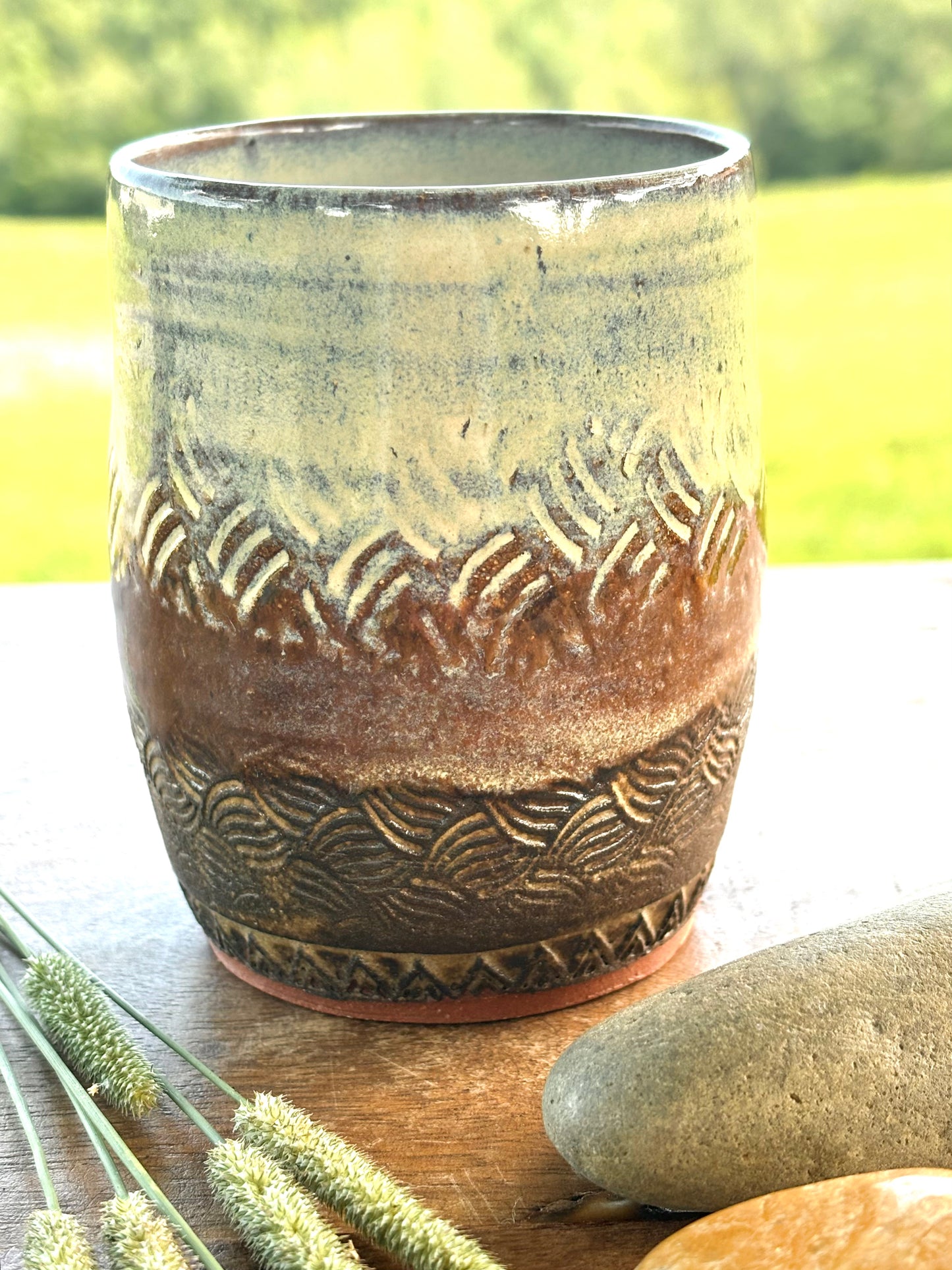 Rustic Basketweave Tumbler ~ 9 oz~ Birch & Brown Glaze