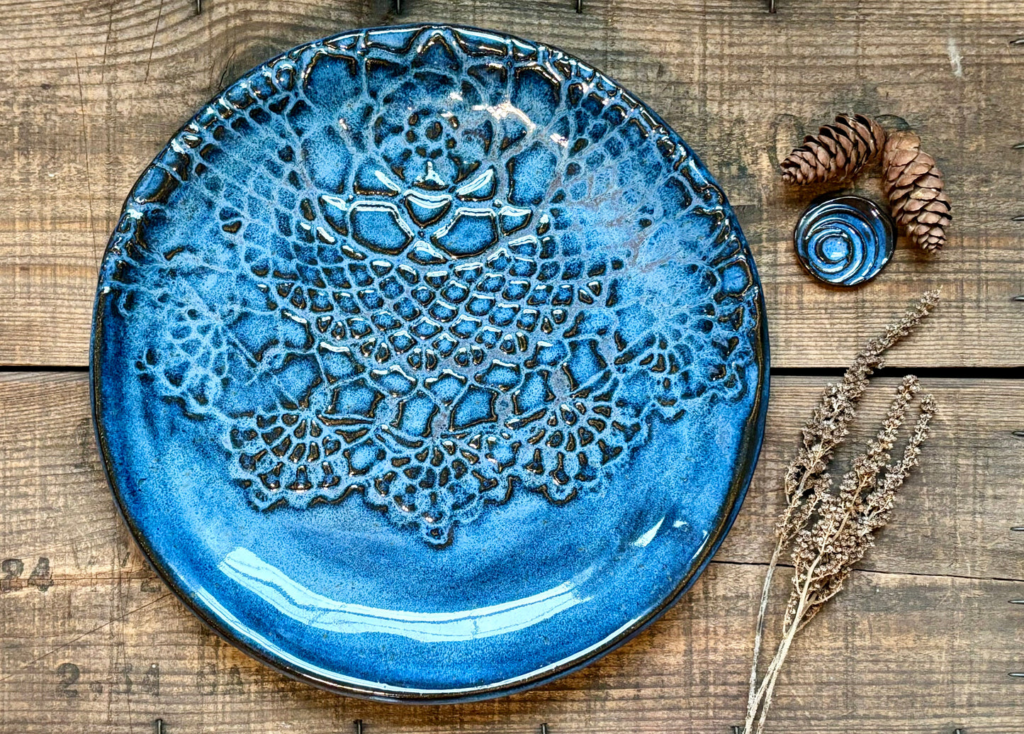 Rustic Antique Doily Dinner Plate ~ 10” ~ River Blue Glaze