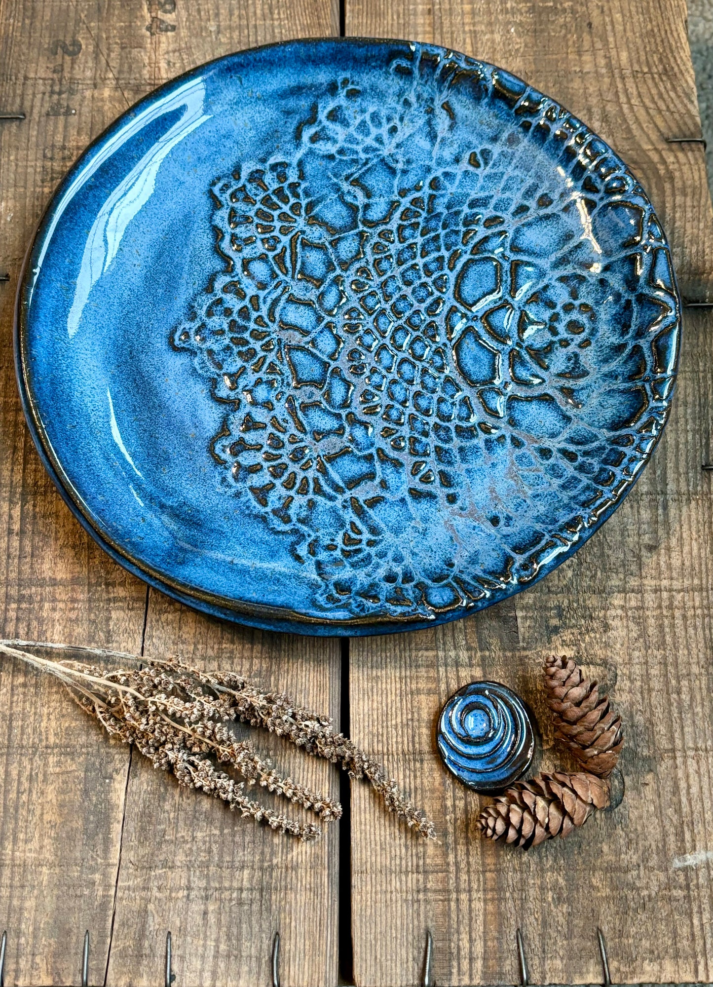 Rustic Antique Doily Dinner Plate ~ 10” ~ River Blue Glaze