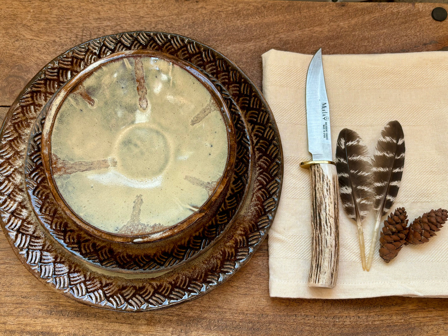 Rustic Antler & Feather Dinnerware ~ Dinner Plate/Lunch Plate/Bowl ~ Birch & Matte Brown