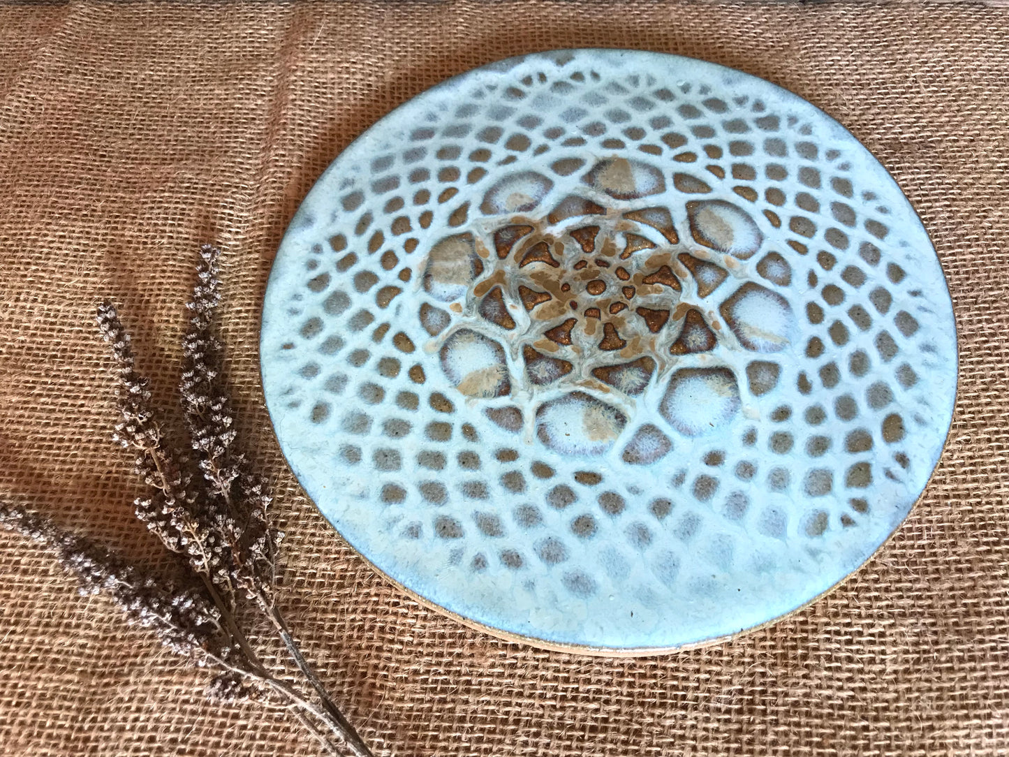 Rustic Antique Doily Trivet Turquoise and Brown ~ 7.5” Round