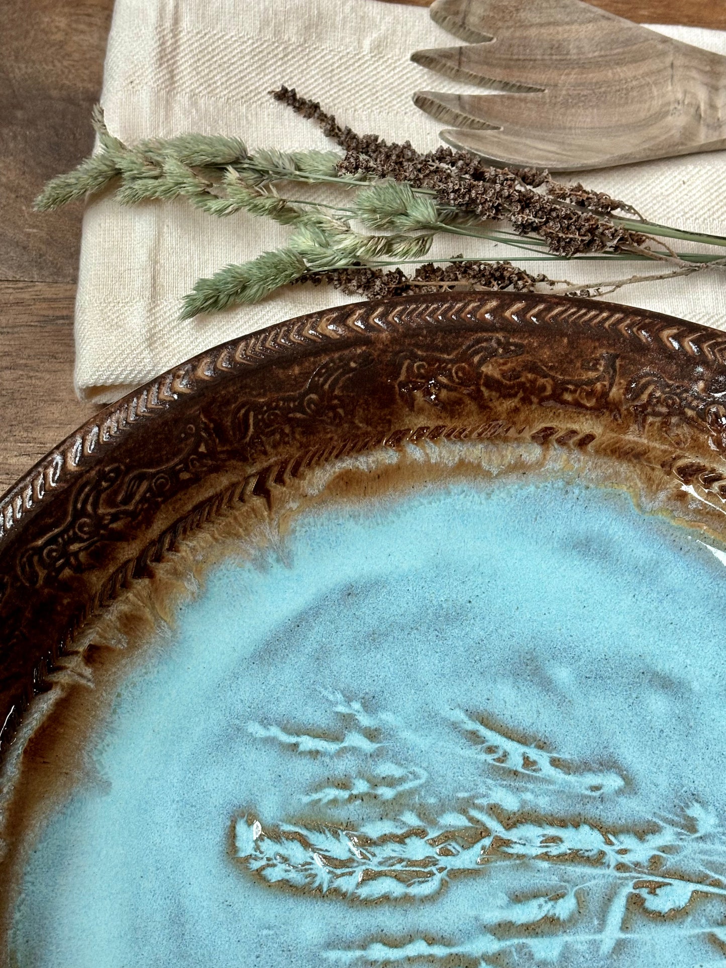 Rustic Wild Mustang & Grasses Serving & Baking Bowl ~ 12.5” Diameter ~ 1.75” Depth~ Turquoise & Brown