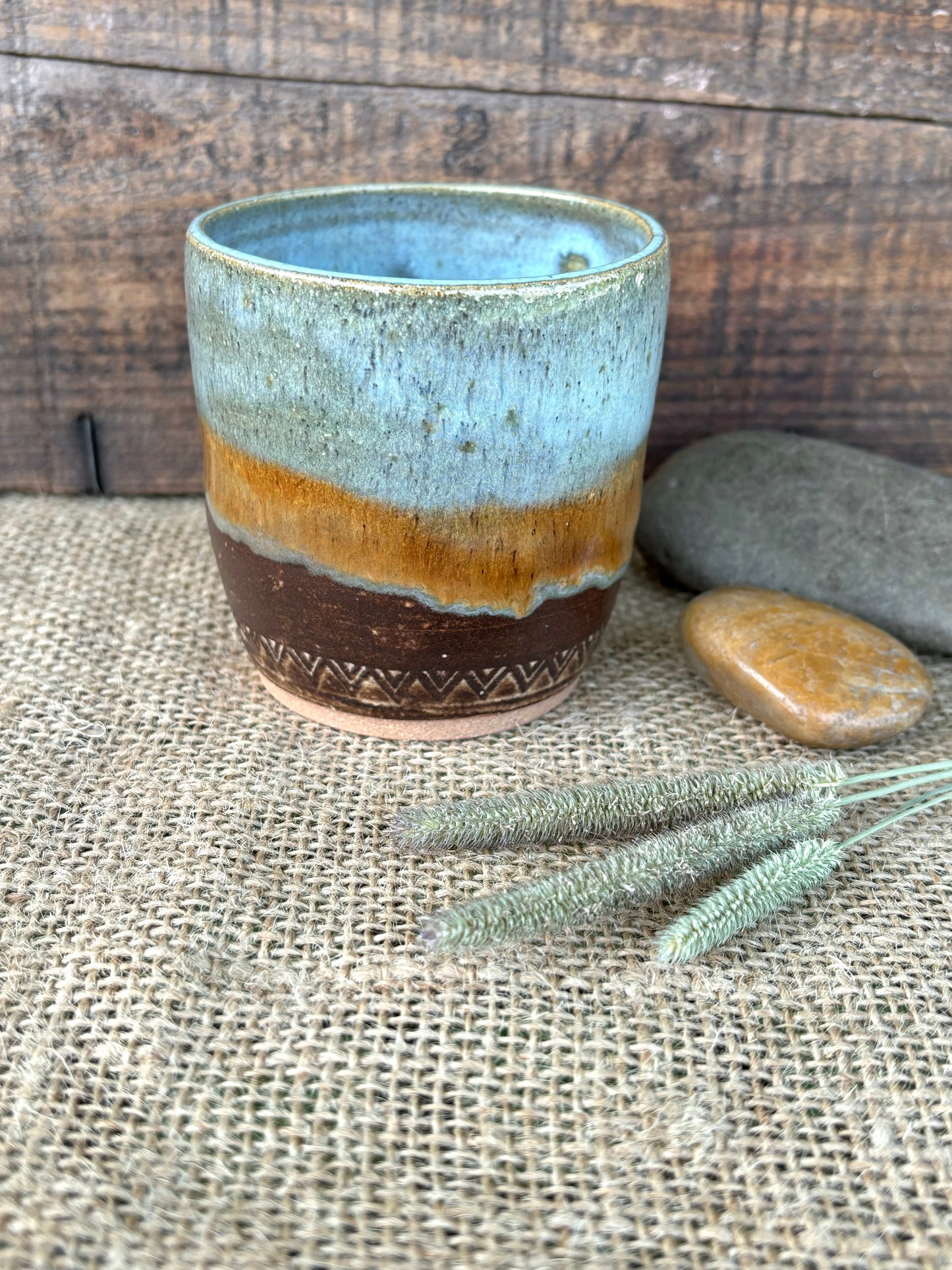 Rustic Arrowhead Tumbler ~ 5 oz~ Turquoise & Brown Glaze