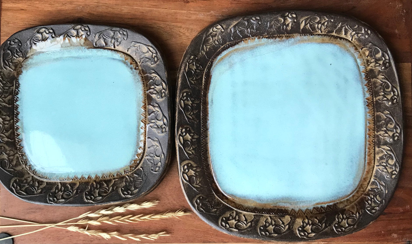 Rustic Wild Buffalo Square Dinner & Salad Plate Set ~ Turquoise & Brown Glaze