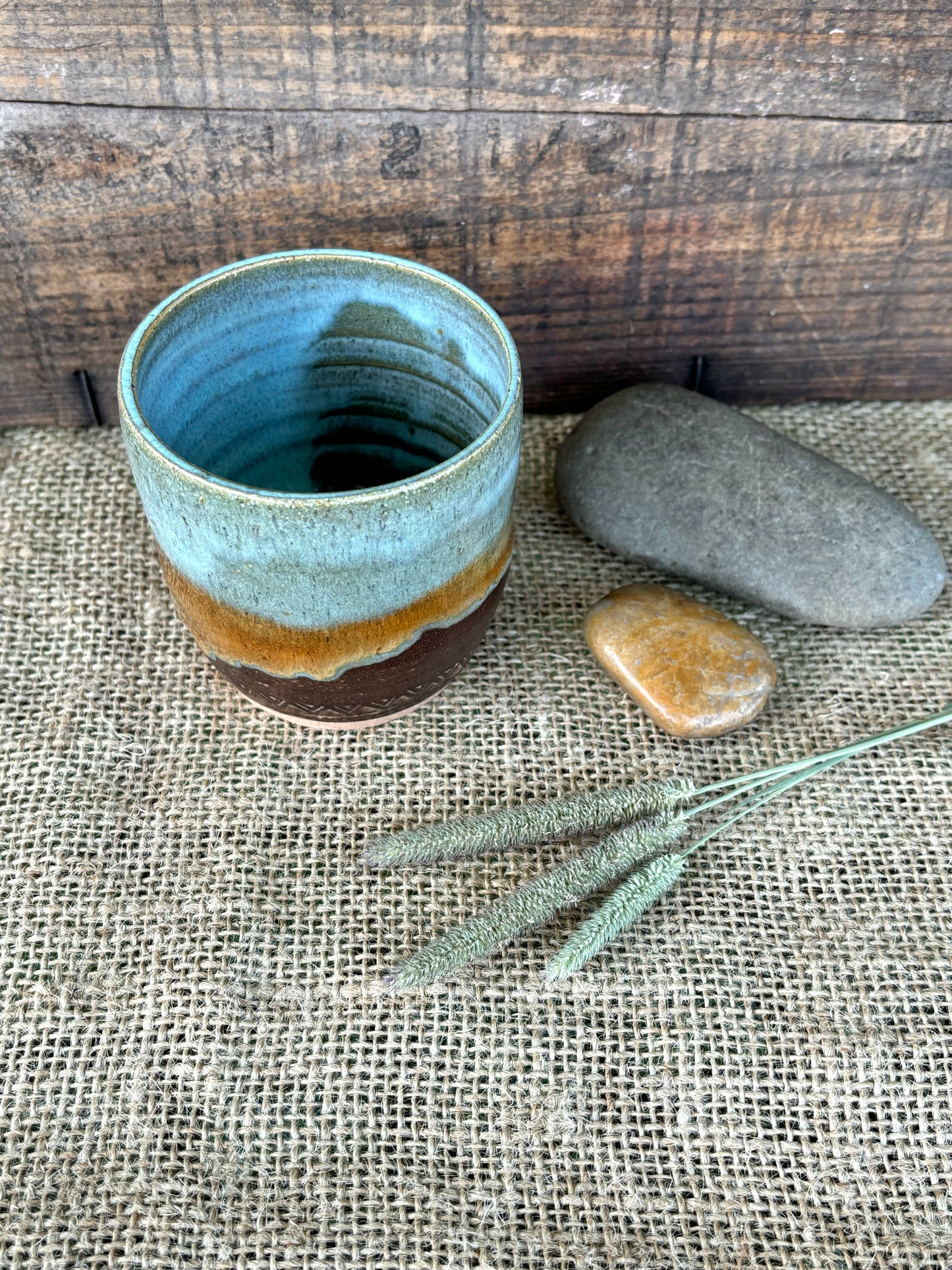 Rustic Arrowhead Tumbler ~ 5 oz~ Turquoise & Brown Glaze