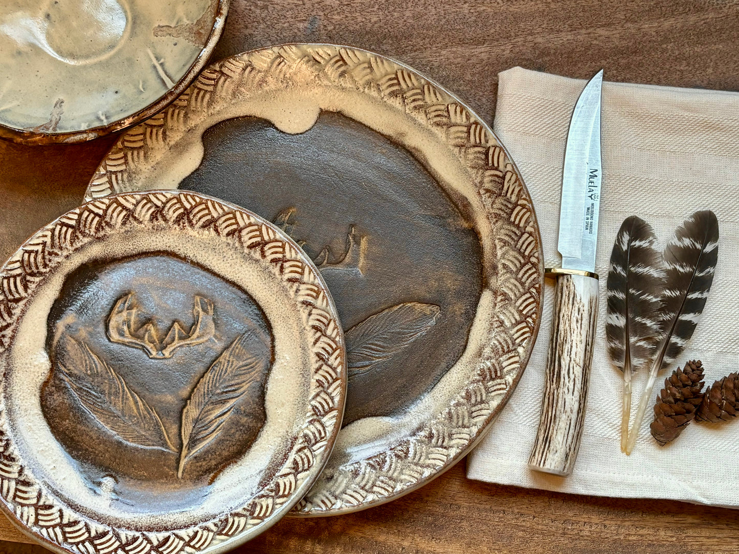 Rustic Antler & Feather Dinnerware ~ Dinner Plate/Lunch Plate/Bowl ~ Birch & Matte Brown