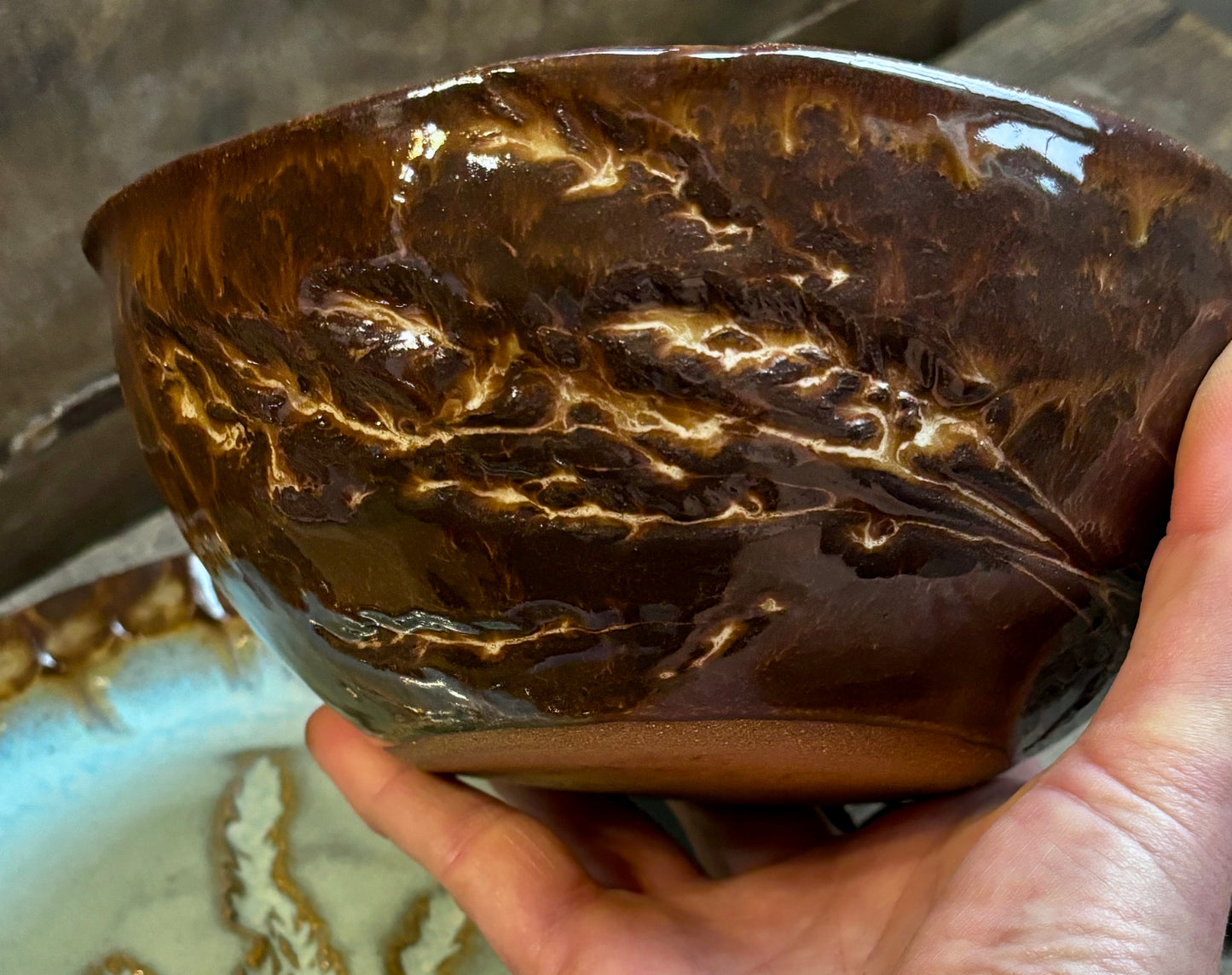 Rustic Wild Grasses Lunch Set ~ Sandwich Plate & Bowl ~ Turquoise & Brown Glaze