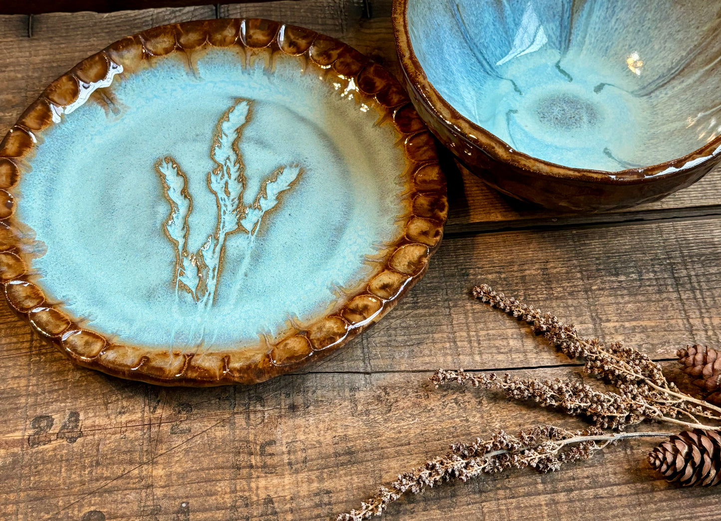 Rustic Wild Grasses Lunch Set ~ Sandwich Plate & Bowl ~ Turquoise & Brown Glaze