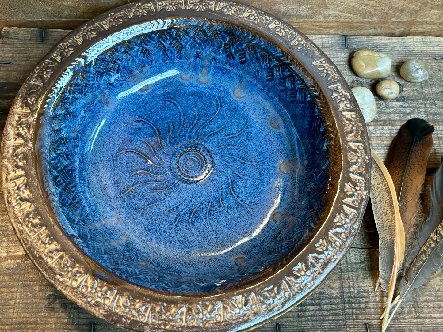 Rustic Sun & Thunderbird Serving & Baking Bowl ~ 12” Diameter ~ 2.5” Depth~ River Blue & Brown