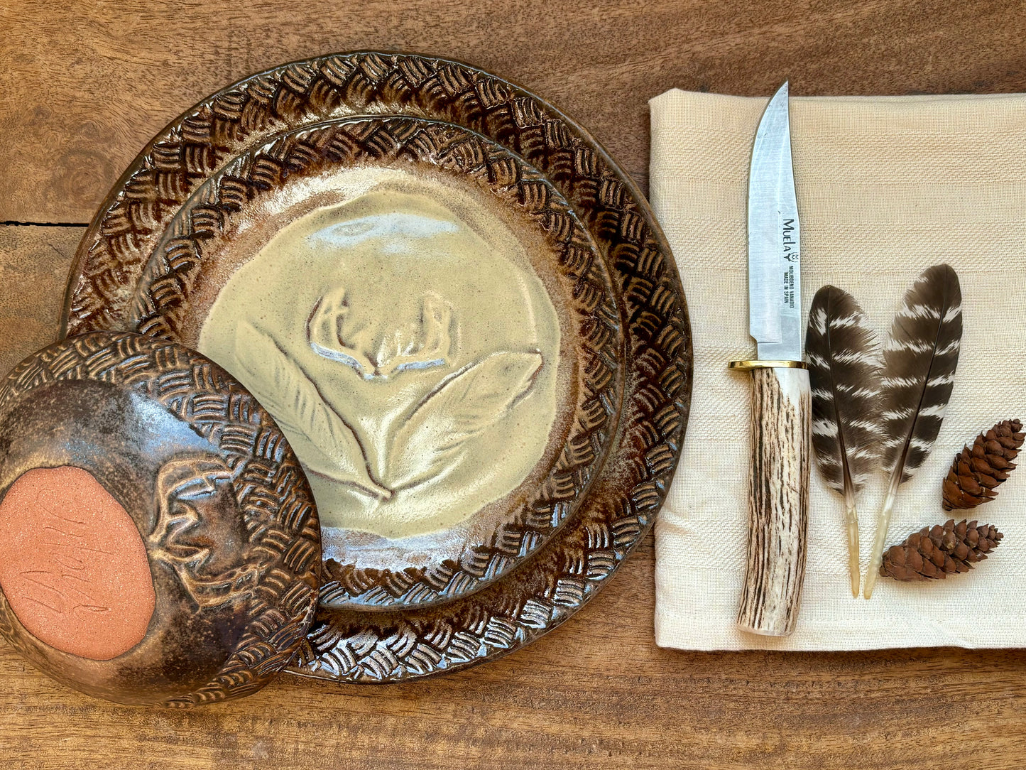 Rustic Antler & Feather Dinnerware ~ Dinner Plate/Lunch Plate/Bowl ~ Birch & Matte Brown