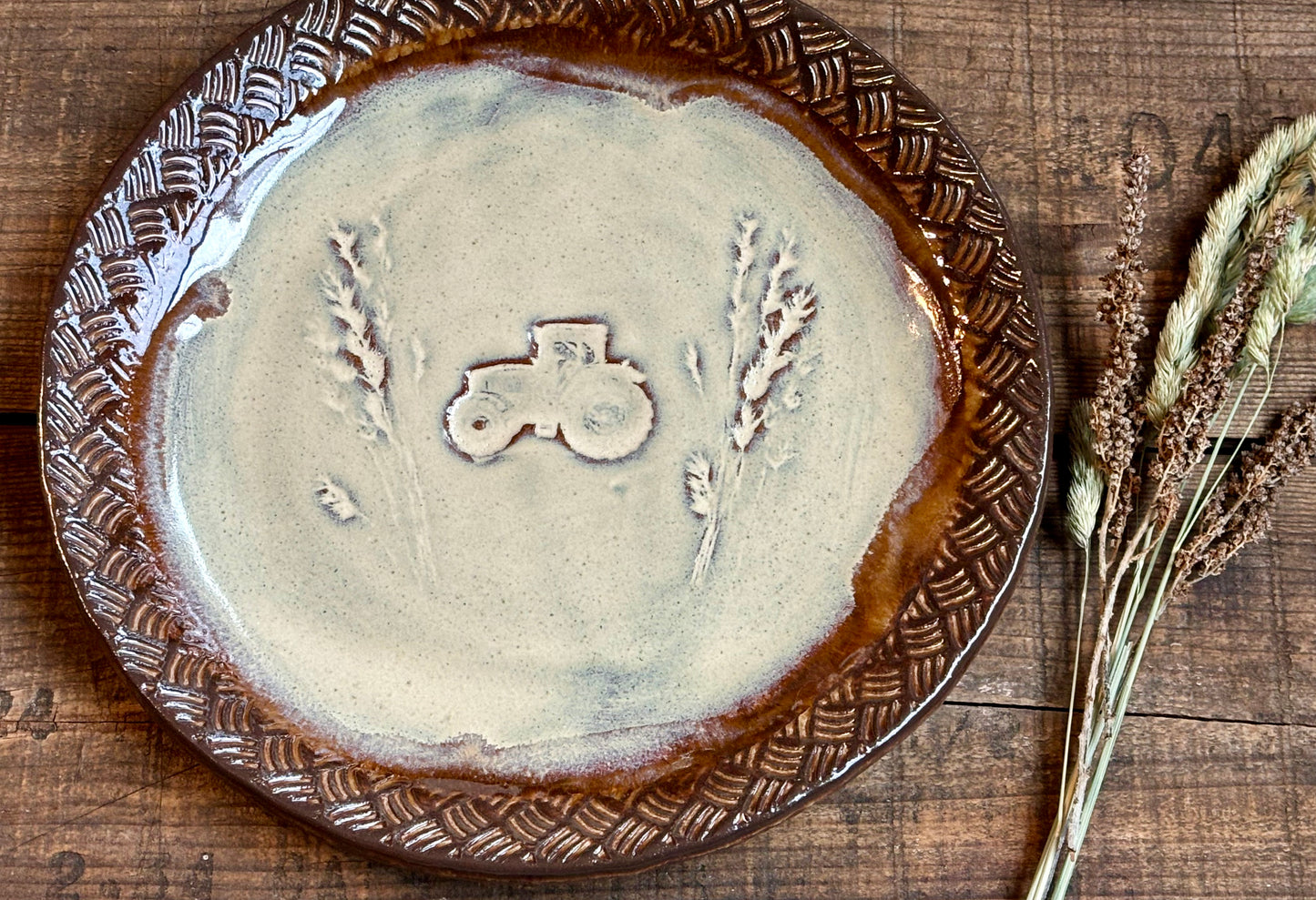 Rustic Wild Grasses & Tractor Dinner Plate ~ 10” ~ Birch & Brown Glaze